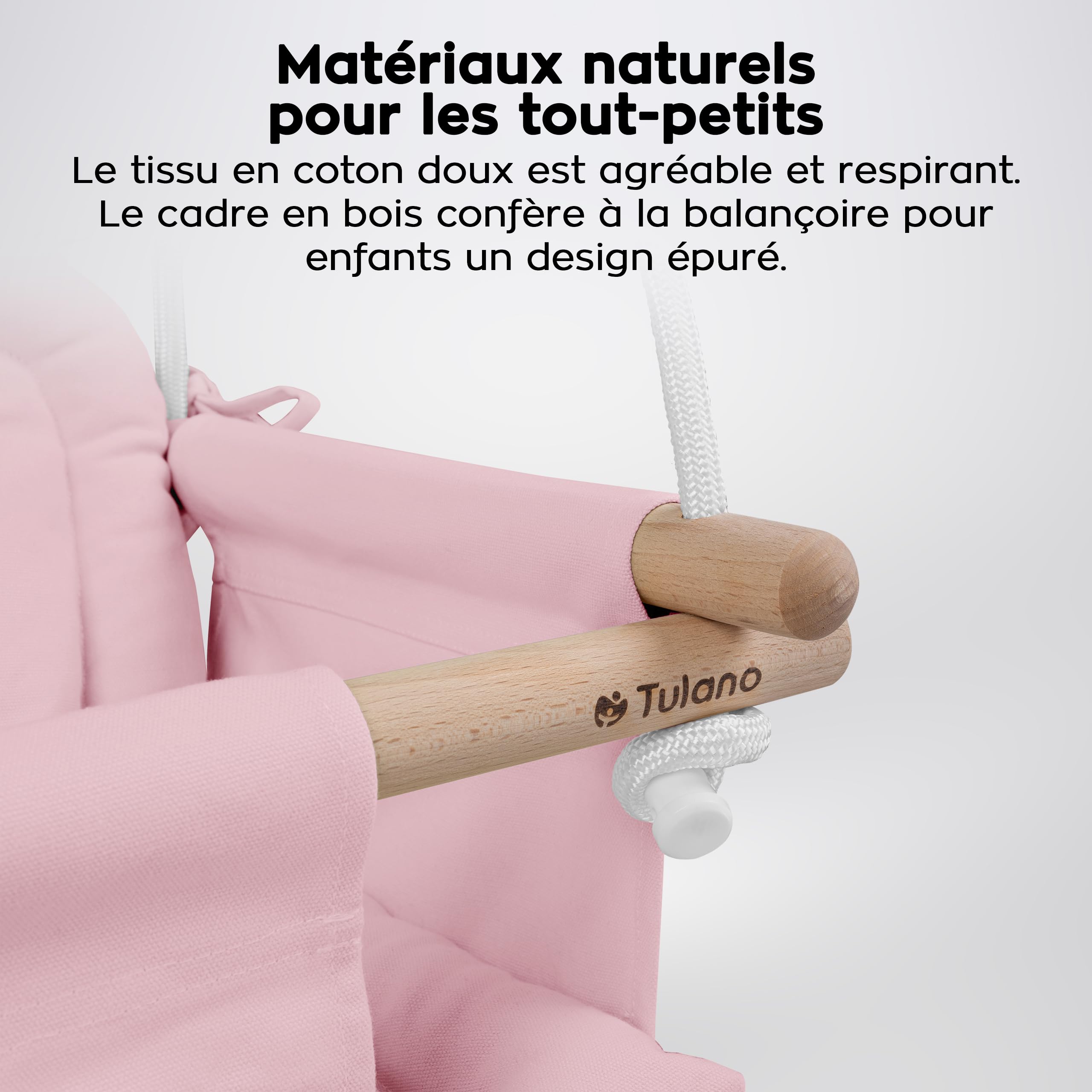 Tulano Hop 30 Balancoire Bebe Exterieur – Siege Enfant Suspendu – pour Maison et Jardin – 6-36 Mois – Charge 36 kg – Ceinture de Sécurité – Assise Douce – Bois et Tissu – Rose