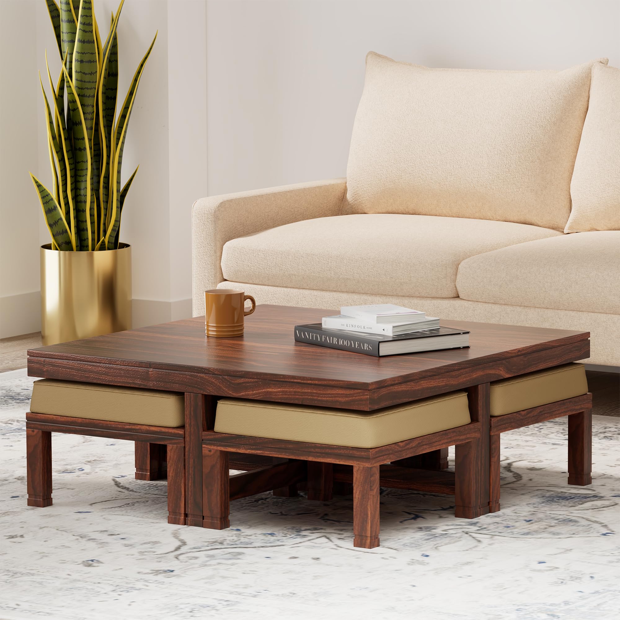 Amazon Brand - Solimo Acamar Solid Sheesham Wood Coffee Table with 4 Stools (Teak Finish) (B08QT7NV43) Amazon Price History, Amazon Price Tracker