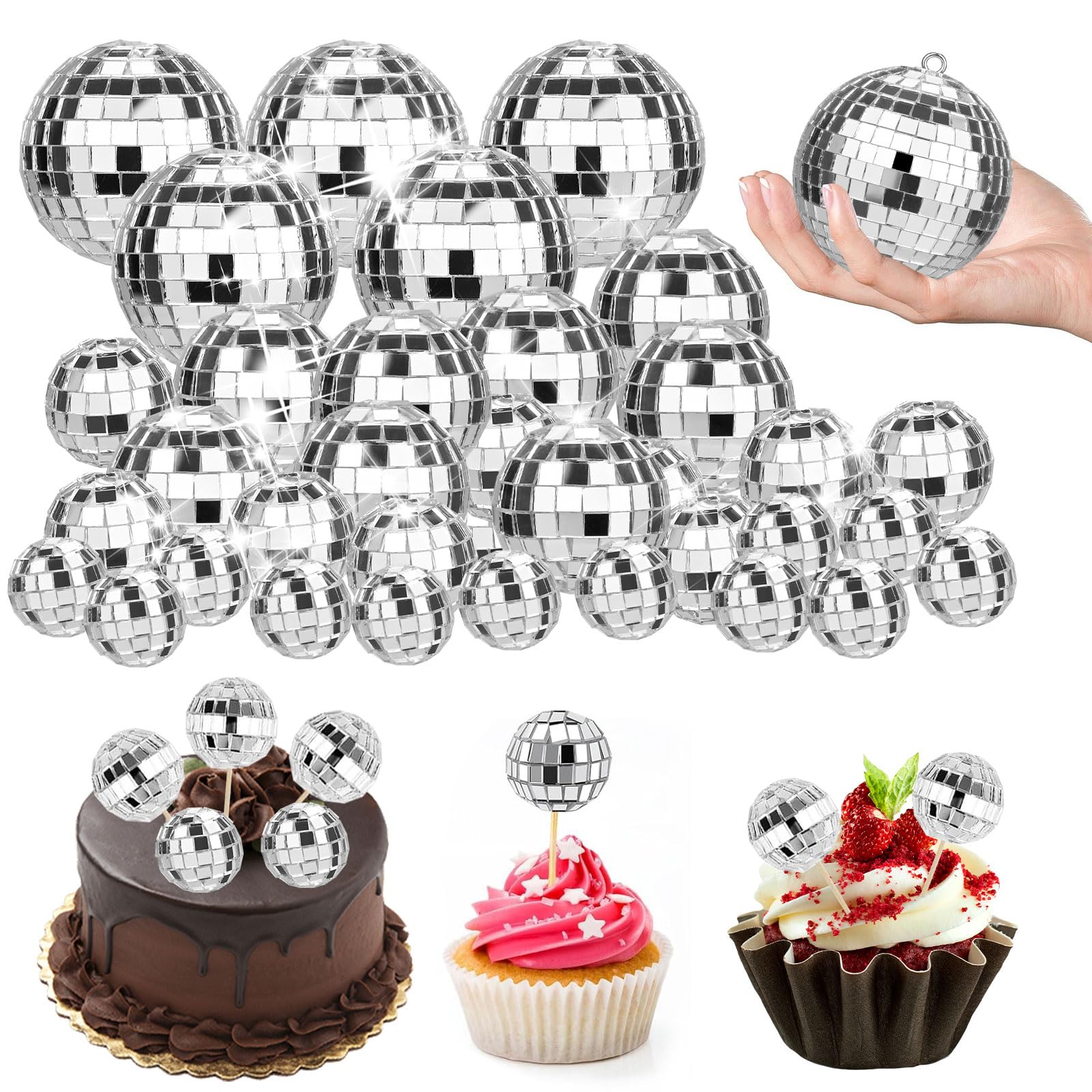 35PCS Disco Ball Cake Decorations, 5/4/3/2cm Glitter Ball Decorations, Mini Disco Balls for Cake, Reusable Disco Ball Decorations for Disco Theme Party, Christmas Tree, 4 Sizes