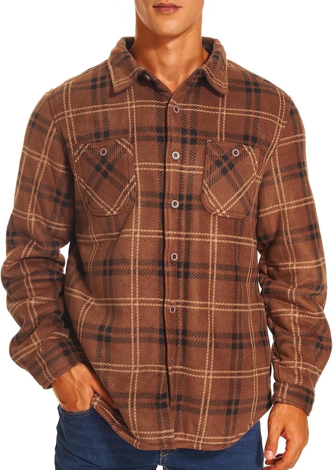 HODOSPORTS Mens Flannel Shirts Jacket Fleece Sherpa Lined Heavyweight Button Down Plaid Shirts Coat Long Sleeve with Pockets - Image 2