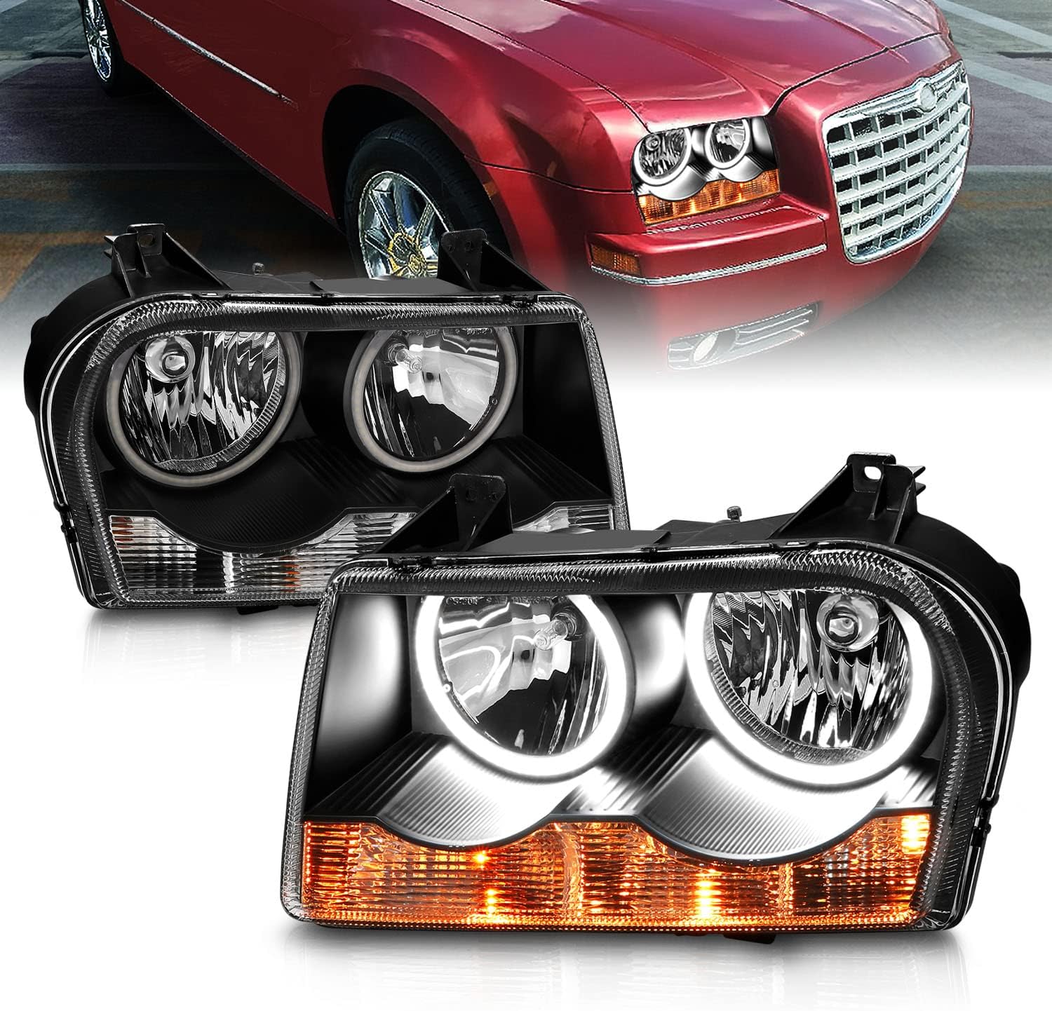 AmeriLite for 2005-2010 Chrysler 300 [Halogen Type] Xtreme Dual LED Halos Black Headlights Assembly Set - Passenger and Driver Side