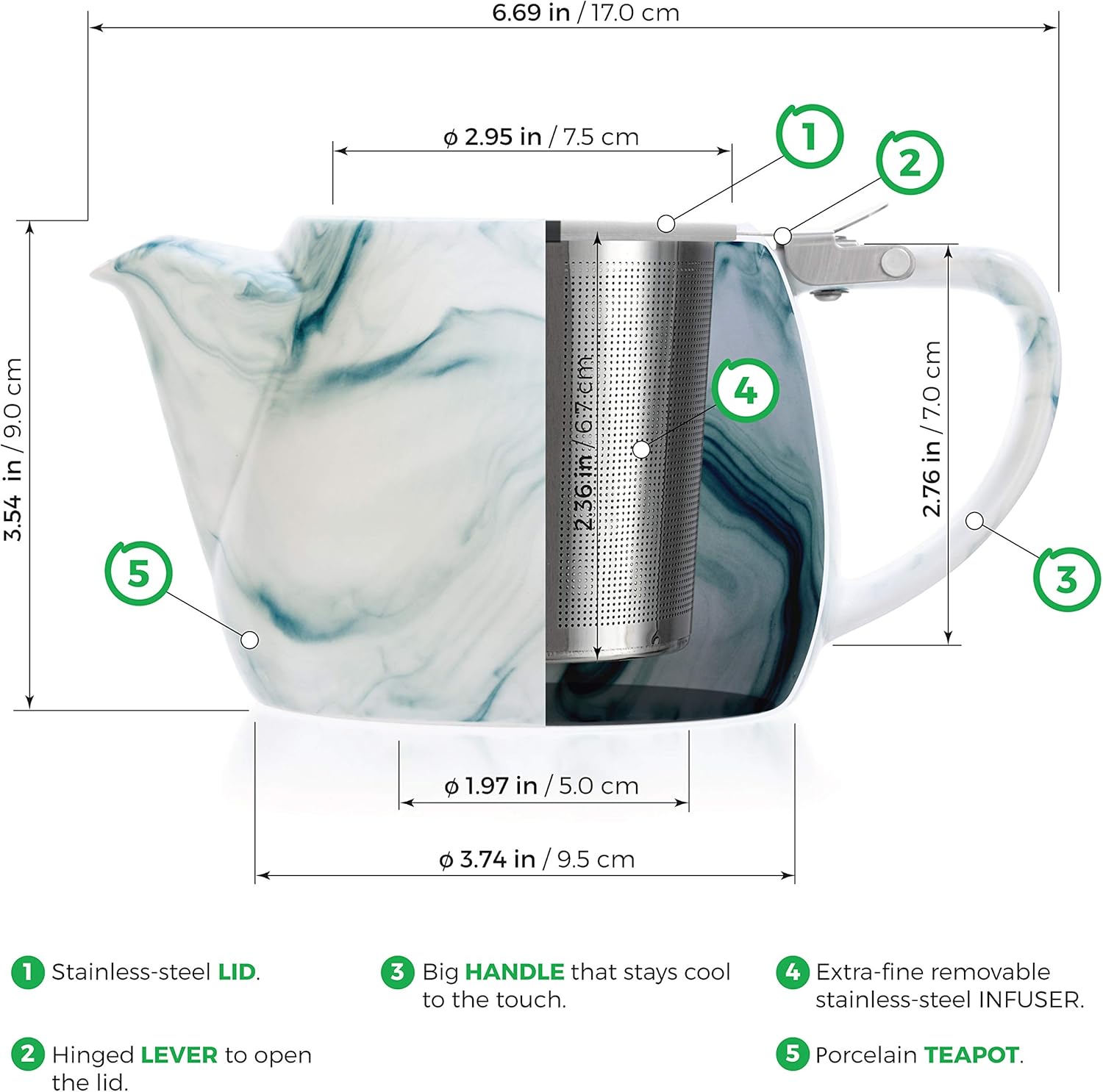 Uр Tо 40% оƒƒ Tealyra - Marble Porcelain Teapot Turquoise - 22-ounce (2-3 cups) - Unique Design - Extra-Fine Infuser and Stainless Steel Lid - Infuse Loose Leaf Tea or Bags - 650ml