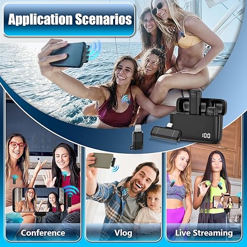Miniatura 6 de YIMOCHI Micrófono Lavalier inalámbrico profesional para transmisión en vivo, entrevistas, grabación de vlogs, con estuche de carga y adaptador