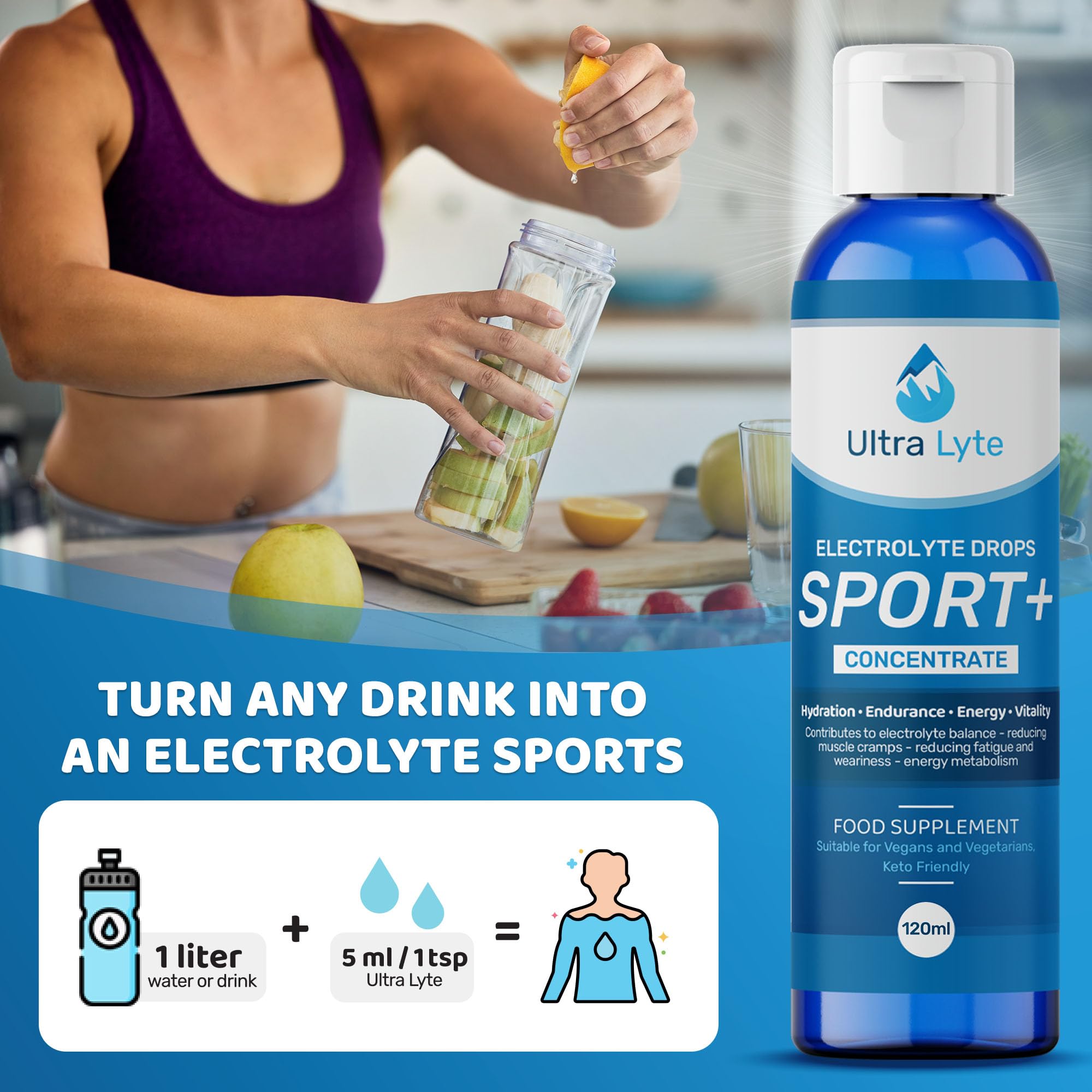 Ultra Lyte Gotas electrolíticas Sport Plus – Apoyo electrolítico ceto para una hidratación rápida, sin azúcar, sin gluten, alivio muscular, botella de 120 ml, para atletas y personas activas