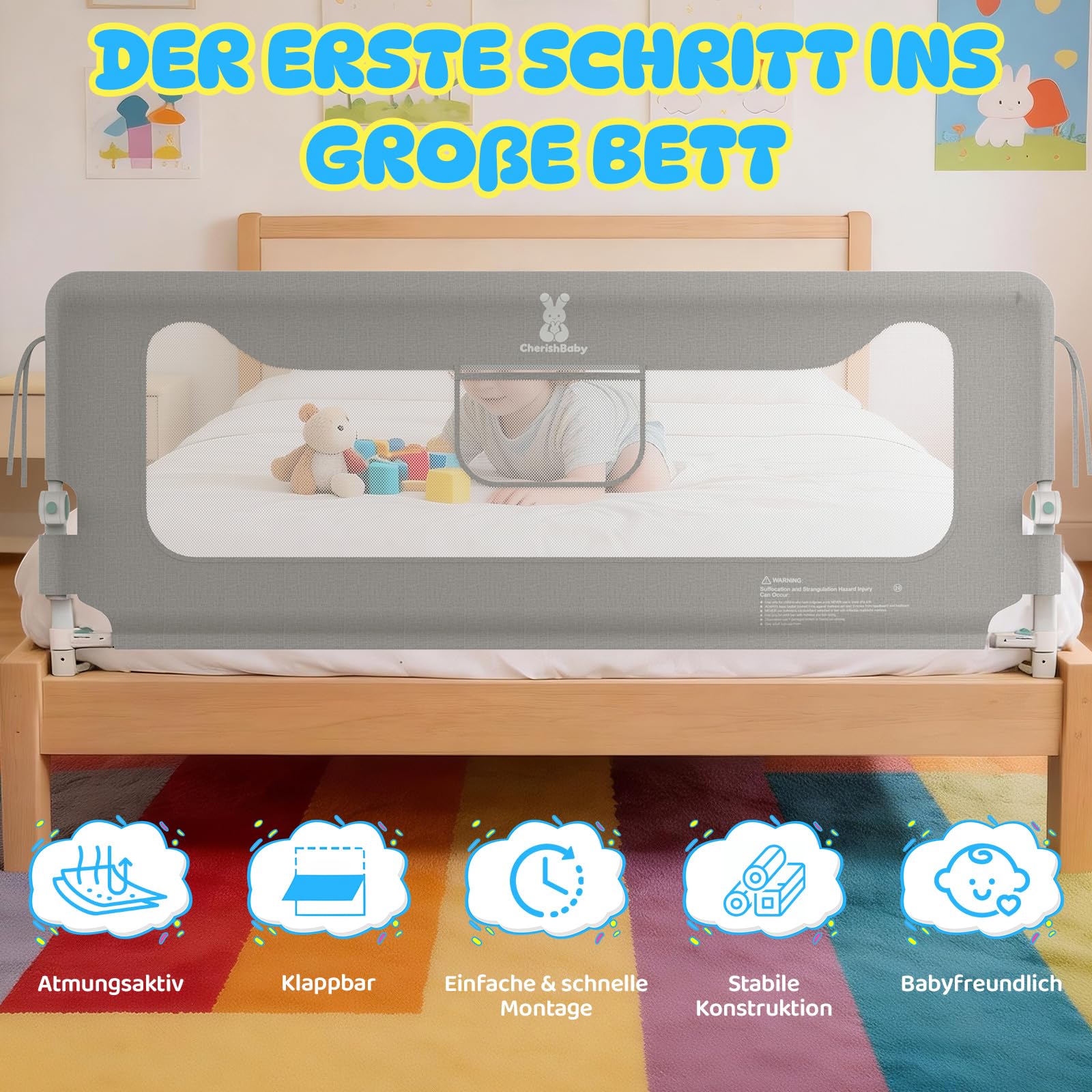 Soontrans Rausfallschutz Bett, Sanfter Schutz für den Übergang ins Große Bett, Klappbar & Höhenverstellbar, Rausfallschutz Boxspringbett für Ruhige Nächte, aus Metallrahmen & Gepolstert (150 cm)