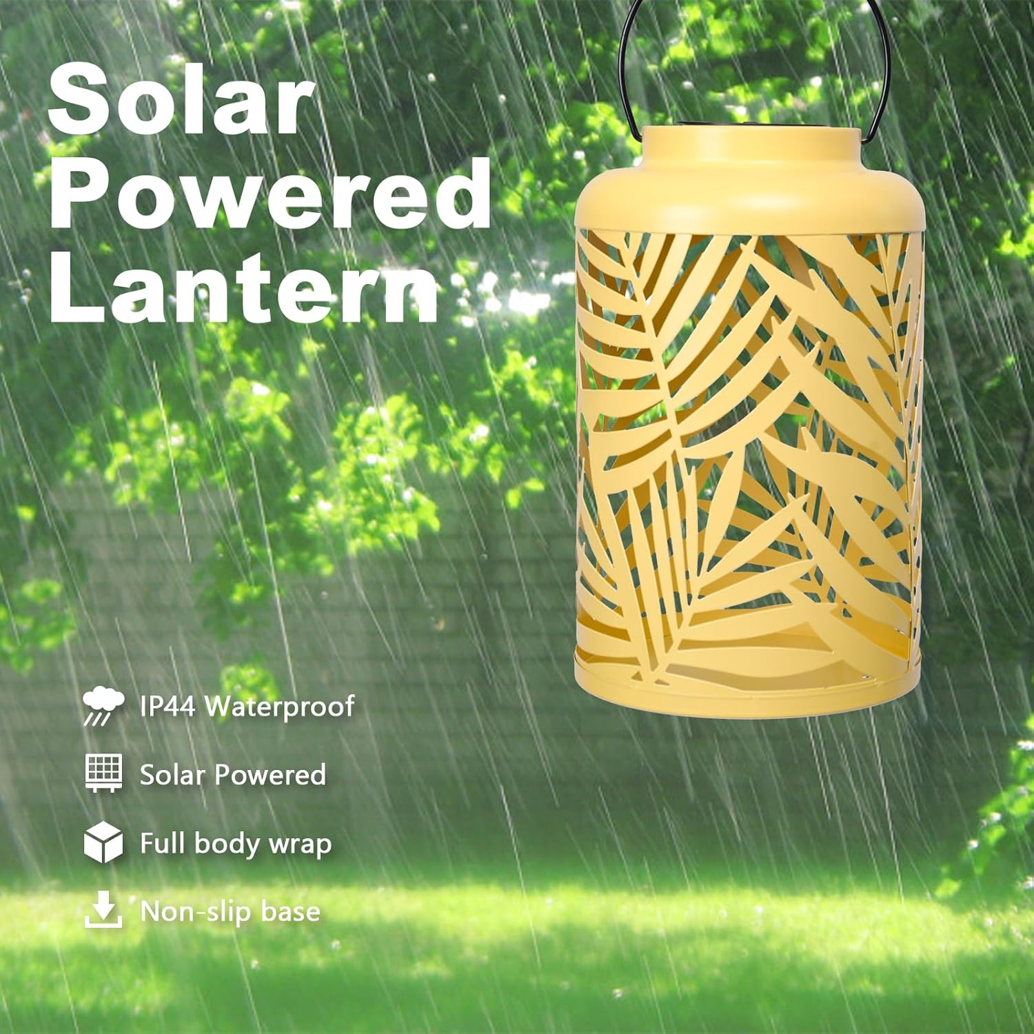 Solar Lantern Outdoor Waterproof Lanterns, 2 Pack Metal Leaf Projection Hanging Lanterns Decorative Lantern for Patio Garden Yard Backyard Front Porch (Yellow)