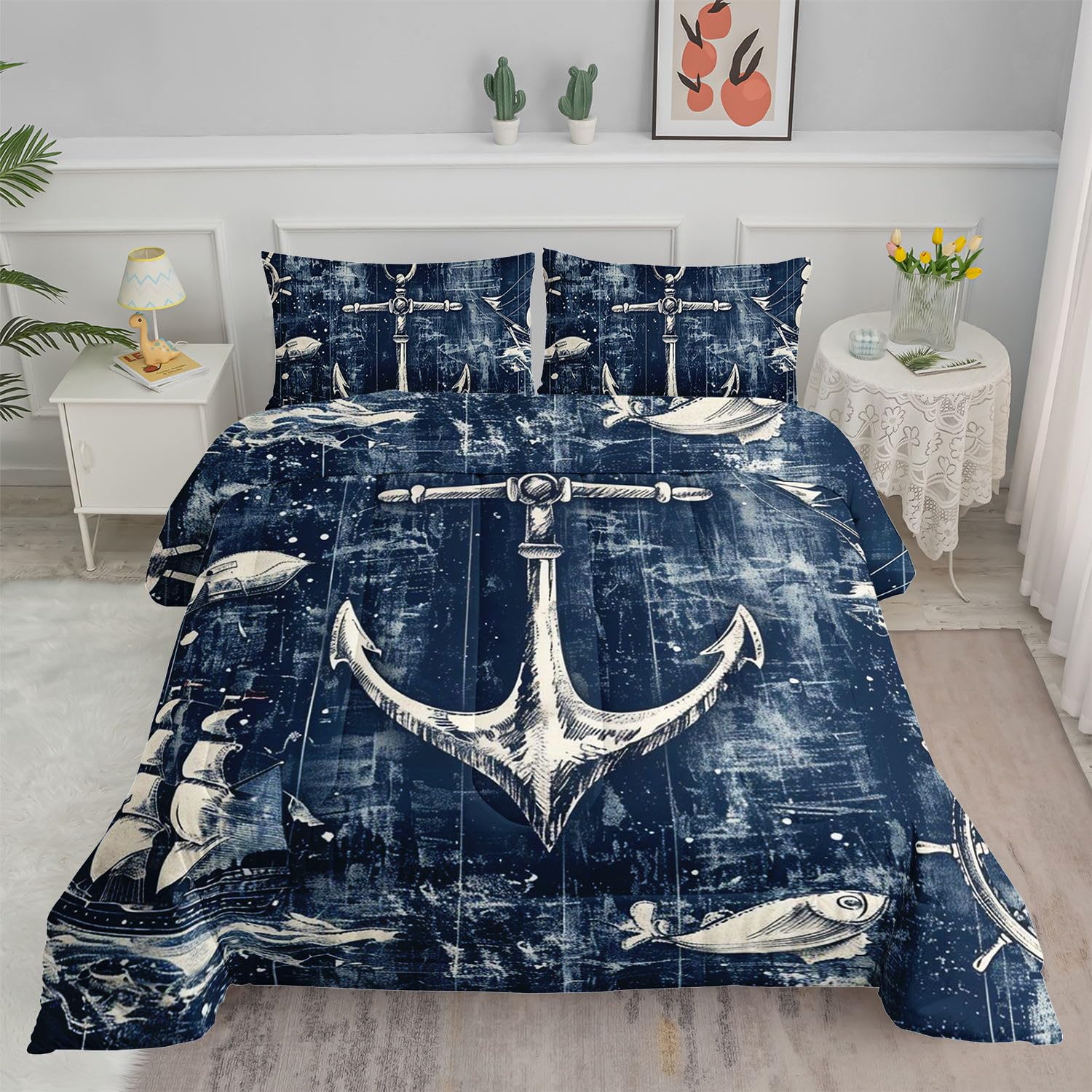 Smell Sunshine Nautical Anchor Comforter Set Ocean Sailboat Printed Bedding Set with 1 Comforter and 2 Pillowcases for Boys and Girls Bedroom All