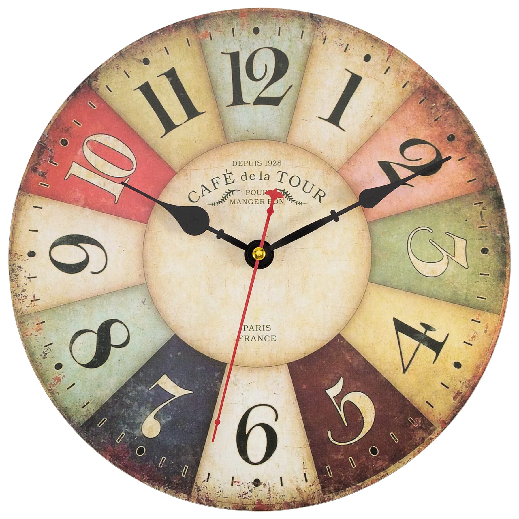 Foxtop Vintage Wall Clock, 34 cm Farmhouse Wooden Wall Clock with Large Arabic Numerals, Non-Ticking Battery Operated Silent Clock for Living Room Bedroom Kitchen Farmhouse Hotel Cafe