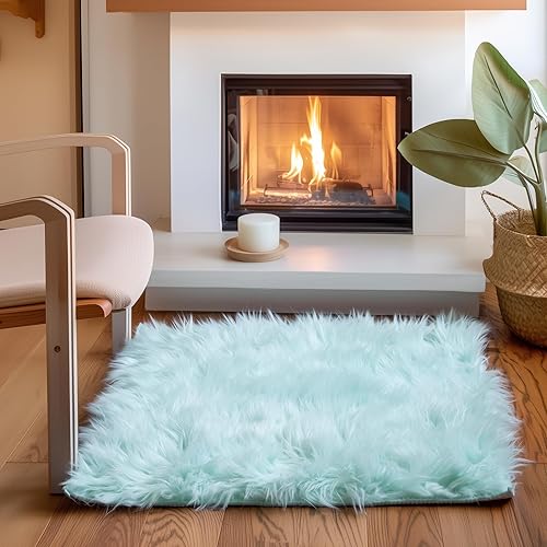 2 x 3 ft Fluffy Mint Green Rug – Soft Faux Fur Rug for Bedroom, Living Room, or Entryway – Cozy Faux Sheepskin Accent for Home Decor