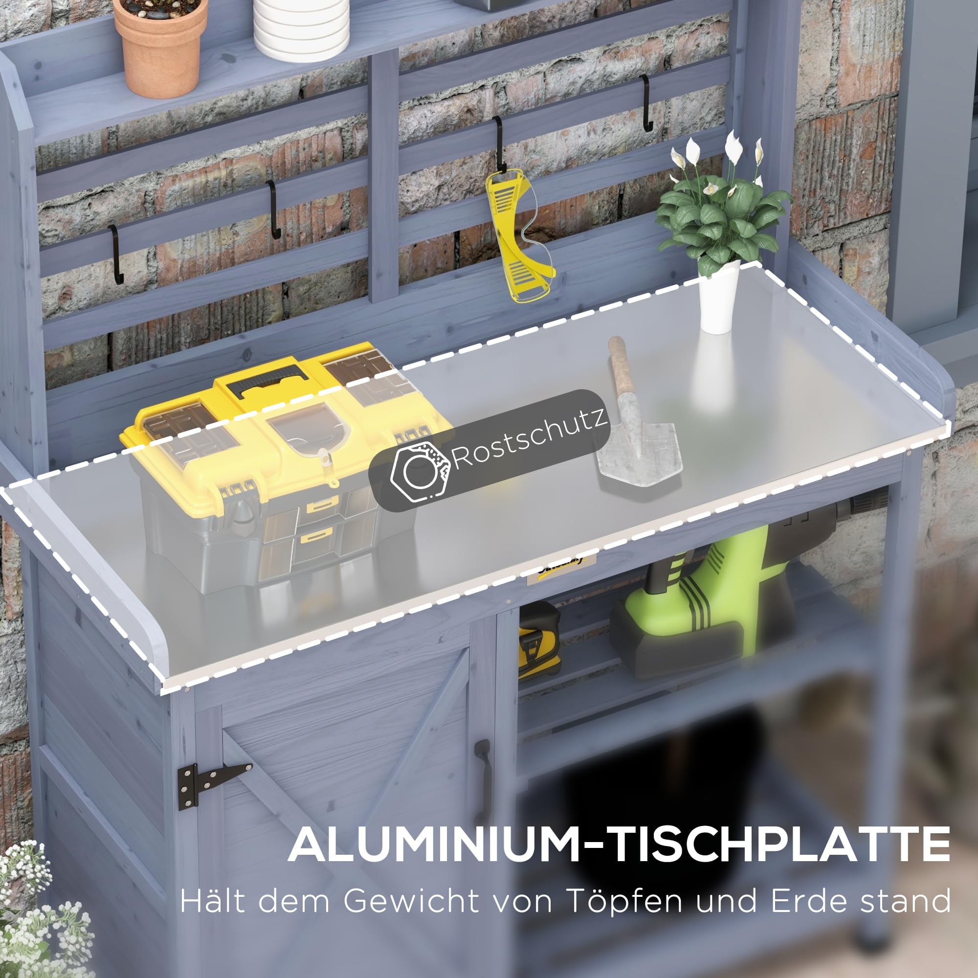 Outsunny Pflanztisch aus Holz, Gärtnertisch mit Schrank, Blumentisch mit Arbeitsplatte, Holzpflanztisch mit 2 Ablagen, 4 Haken für Garten, Grau, 112 x 47 x 146cm