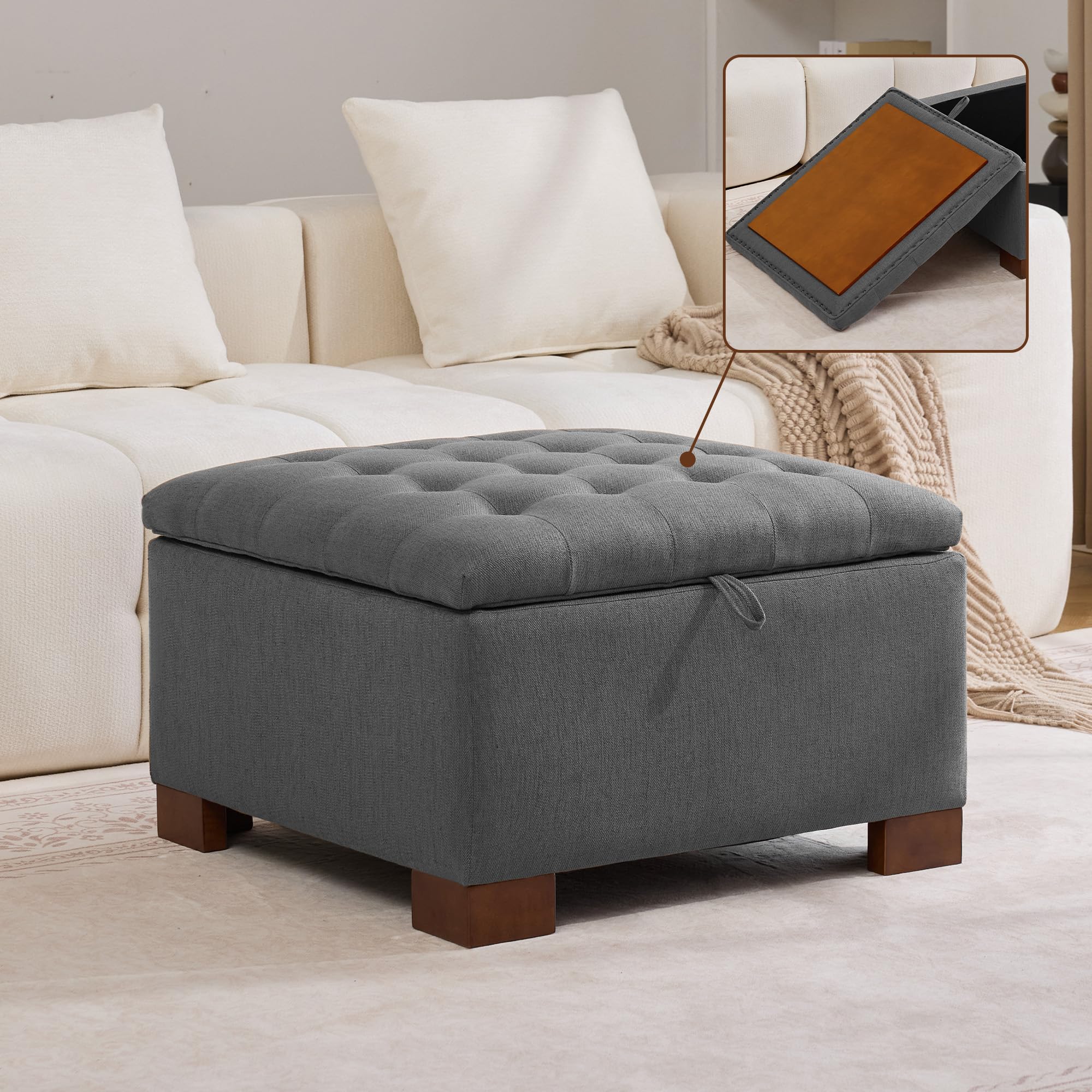 WUTUTUEE 30" Fabric Square Storage Ottoman with Wooden Tray, Modern Tufted Button Footstool Coffee Table, Upholstered Large Ottoman for Living Room, Bedroom, Dark Gray