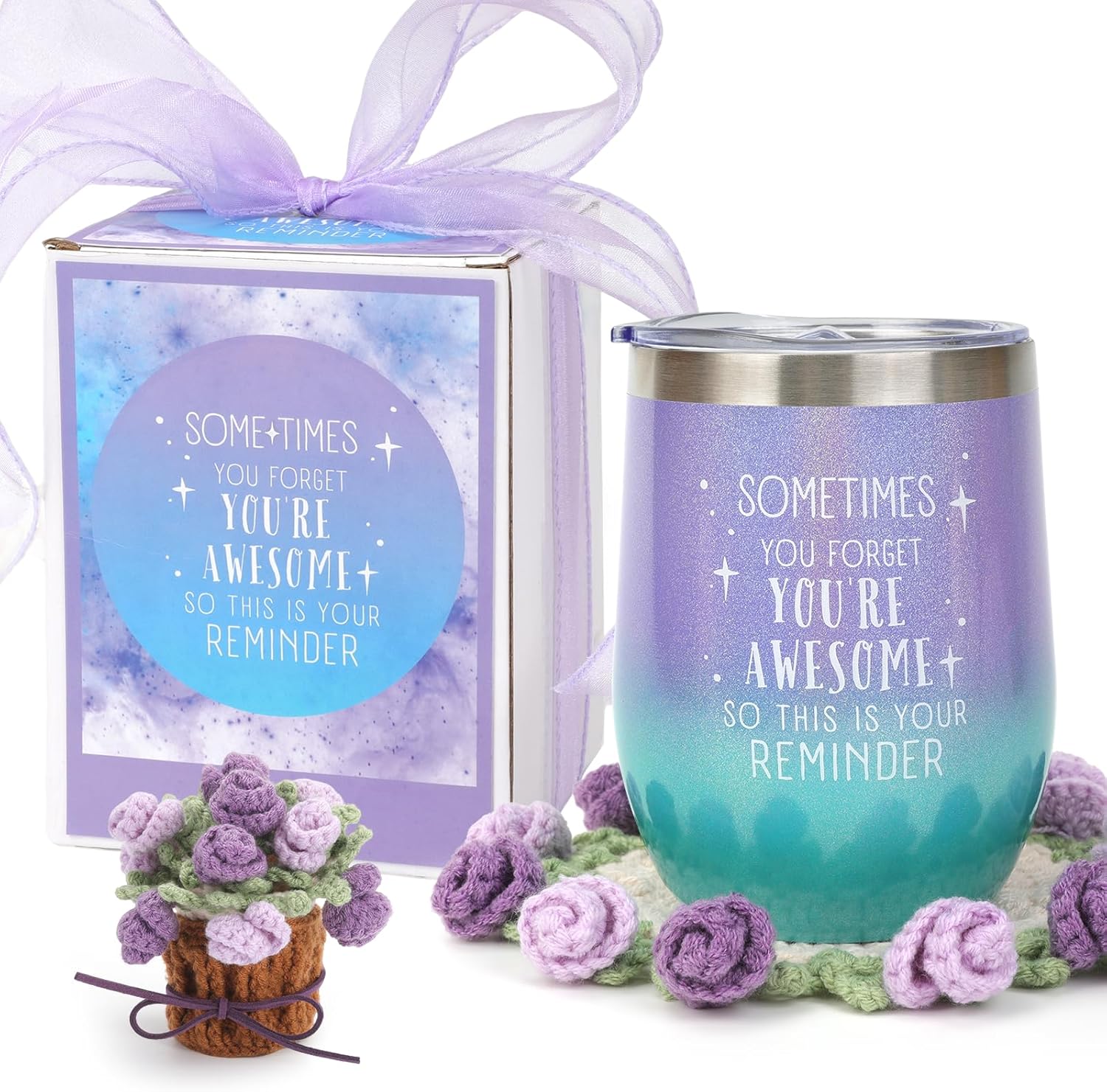 12oz Vacuum Insulated Wine Tumbler with Crochet Coaster, Stainless Steel Wine Tumbler with Lid, Double Wall Travel Coffee Keeps Drinks Cold Hot, Birthday Gift for Women, Mom, Sister, Friend, Purple