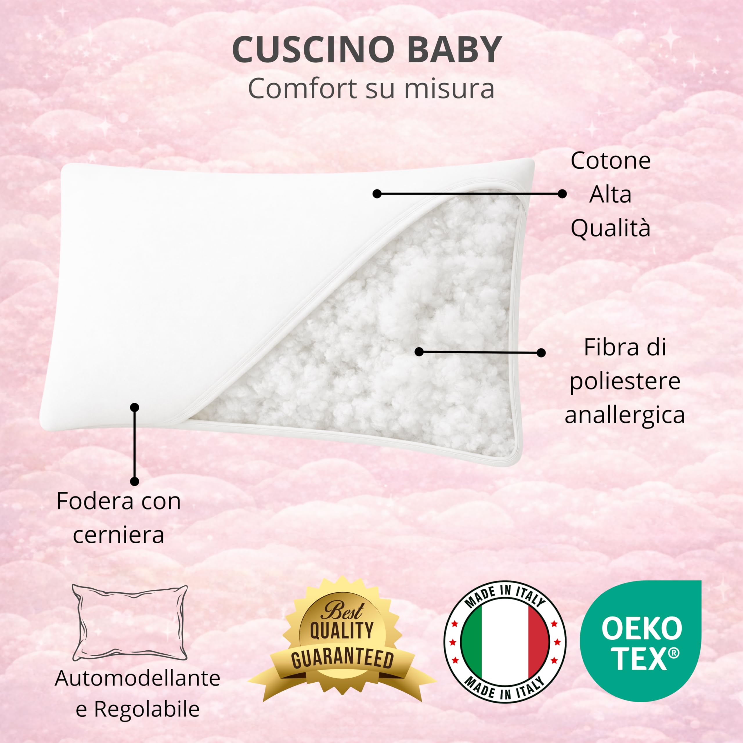 The Double Twenty Cuscino Lettino Bambino 40x60 Regolabile, Morbido e Traspirante, Anallergico e Antiacaro, Federa in Cotone Percalle Certificato OEKO-TEX, Lavabile, 2-6 Anni, Made in Italy