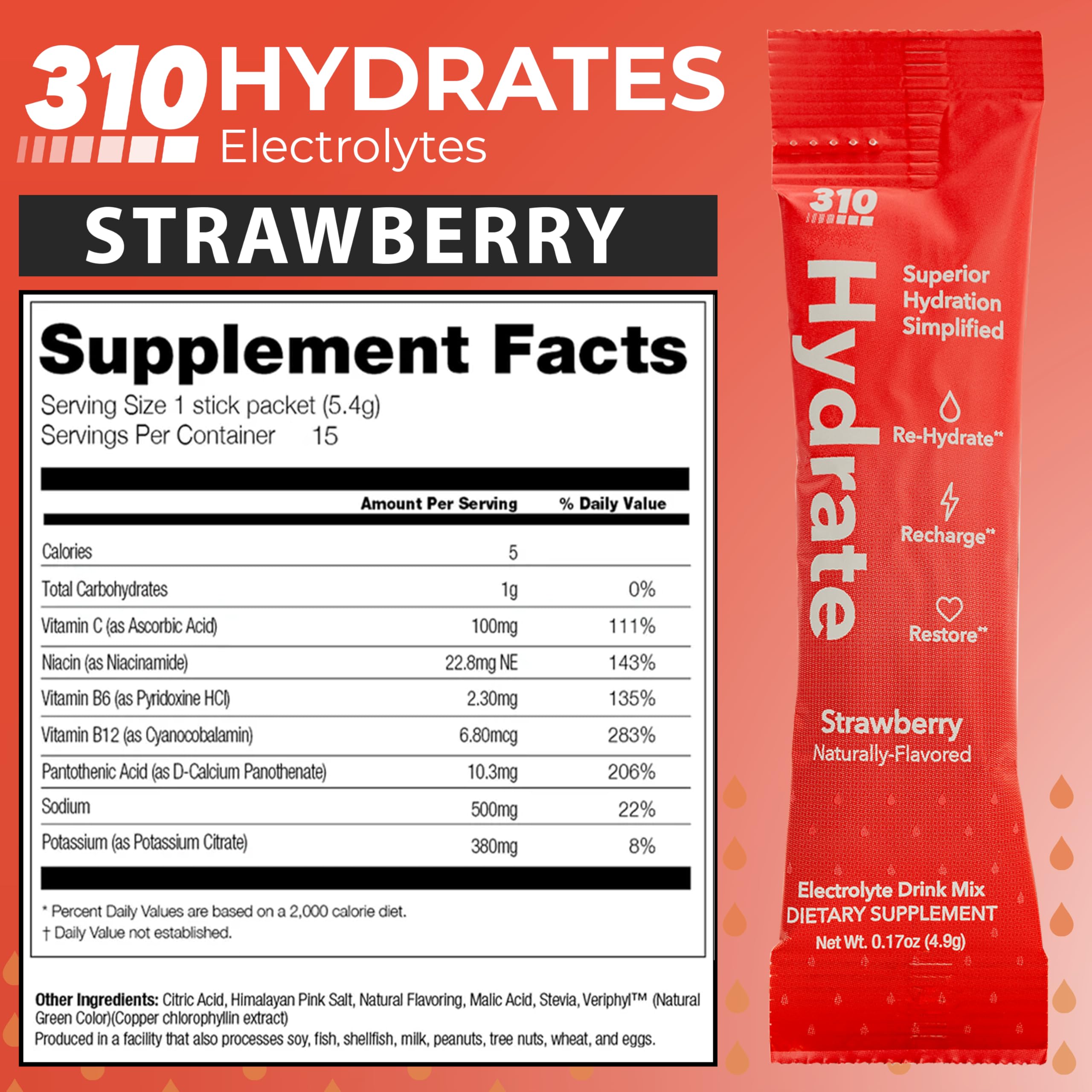 310 Nutrition Sugar Free Electrolytes Powder - Instant Hydration Packets for Daily Fluid Balance - Caffeine-Free Rehydration Drink Mix, Low Calorie & Keto Friendly - Strawberry 15 Singles thumbnail 4