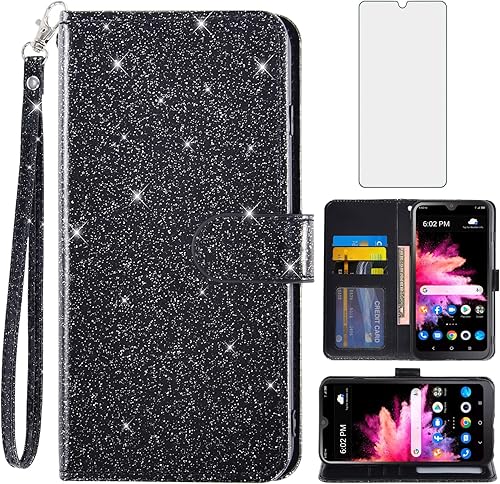 Asuwish Funda de teléfono para Alcatel TCL 30Z (T602DL)/ TCL 30 LE con protector de pantalla de vidrio templado y cubierta de cartera con purpurina,