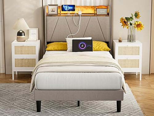 Vista 3 de IKIFLY Base de cama individual XL con cabecera de estante de almacenamiento y estación de carga, cama de plataforma tapizada con luces LED, listones