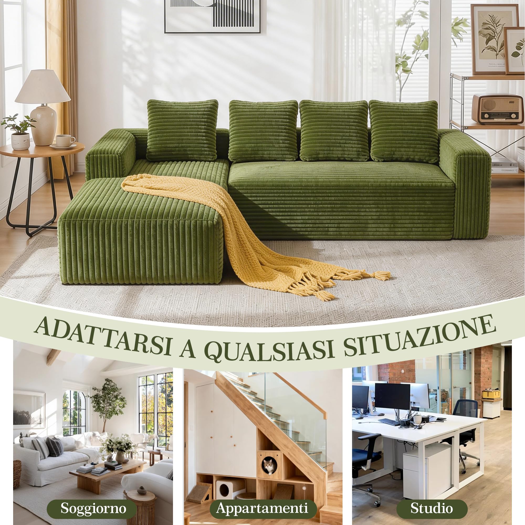 Canapé d'angle 261x145cm en Velours Côtelé - Mousse à Mémoire et Haute Résilience - Confort Orthopédique et Respirant - Canapé d'accueil Moderne Vert pour Salon