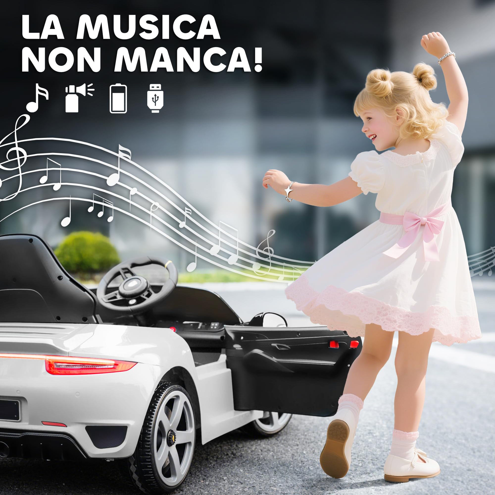 AIYAPLAY Macchina Elettrica per Bambini 3-5 Anni Licenza RUF GT Bianco | Auto Elettrica per Bambini, con Telecomando, Avvio Lento, Cintura di Sicurezza, Luci, Musica e USB