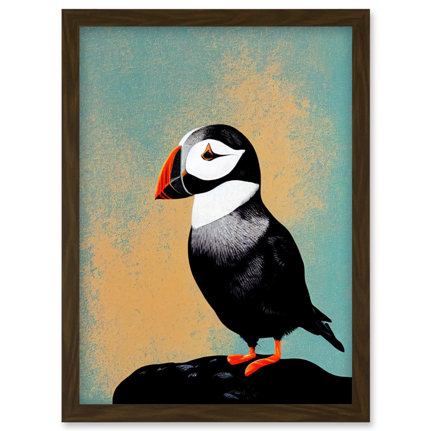 Cute Puffin Bird on Rock Modern Print Framed Wall Art Picture Print A4