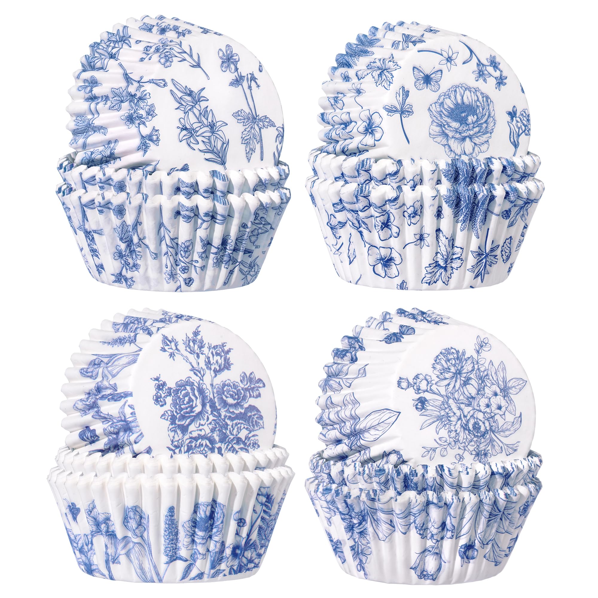 NEWEST Blue Floral Cupcake Cases, 200PCS White & Blue Flower Baking Cups