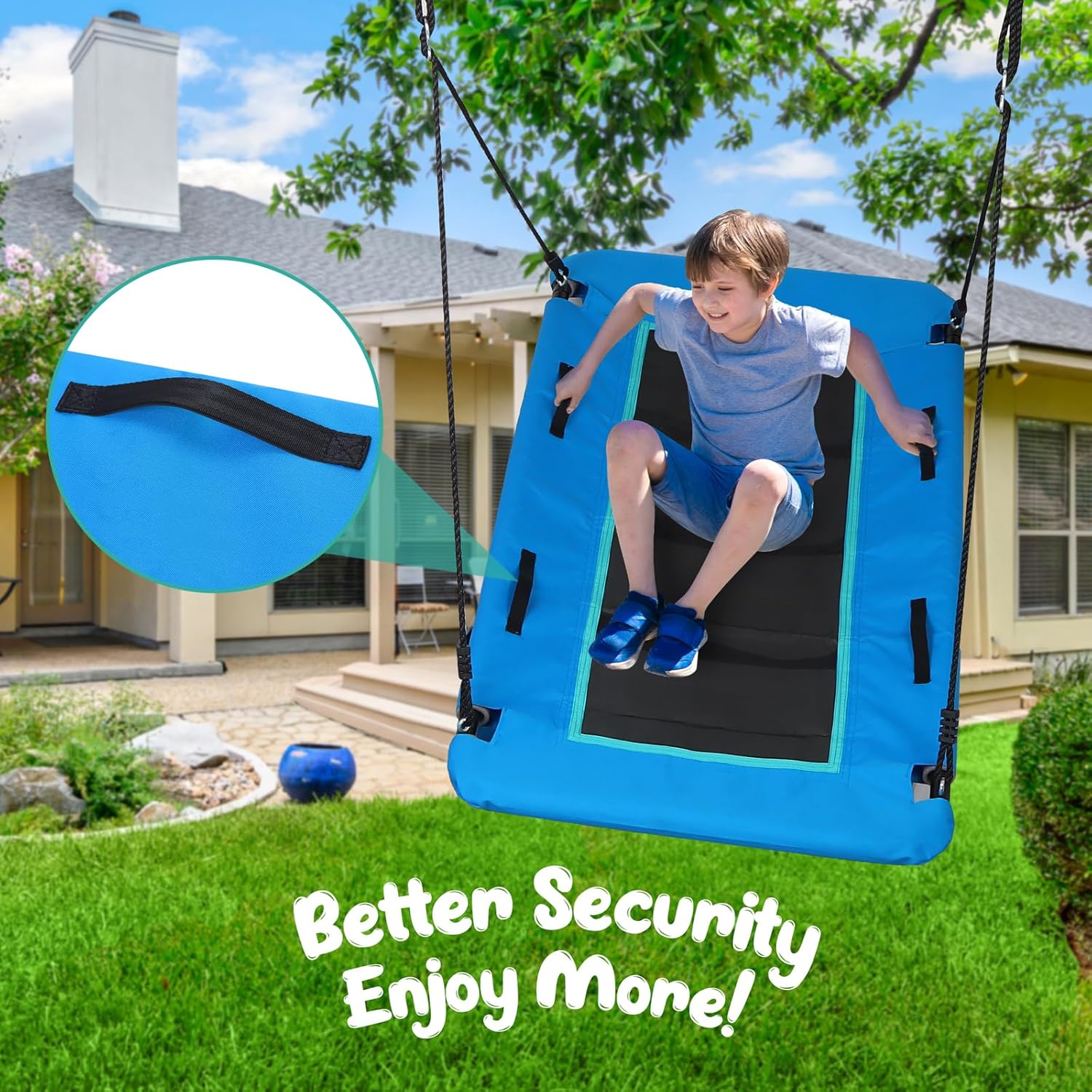800lb 60 Large Platform Tree Swing for Kids Adults with Pocket, Anti-Sagging Outdoor Rectangle Flat Swing for Swing Set with Handles (Dark Blue)