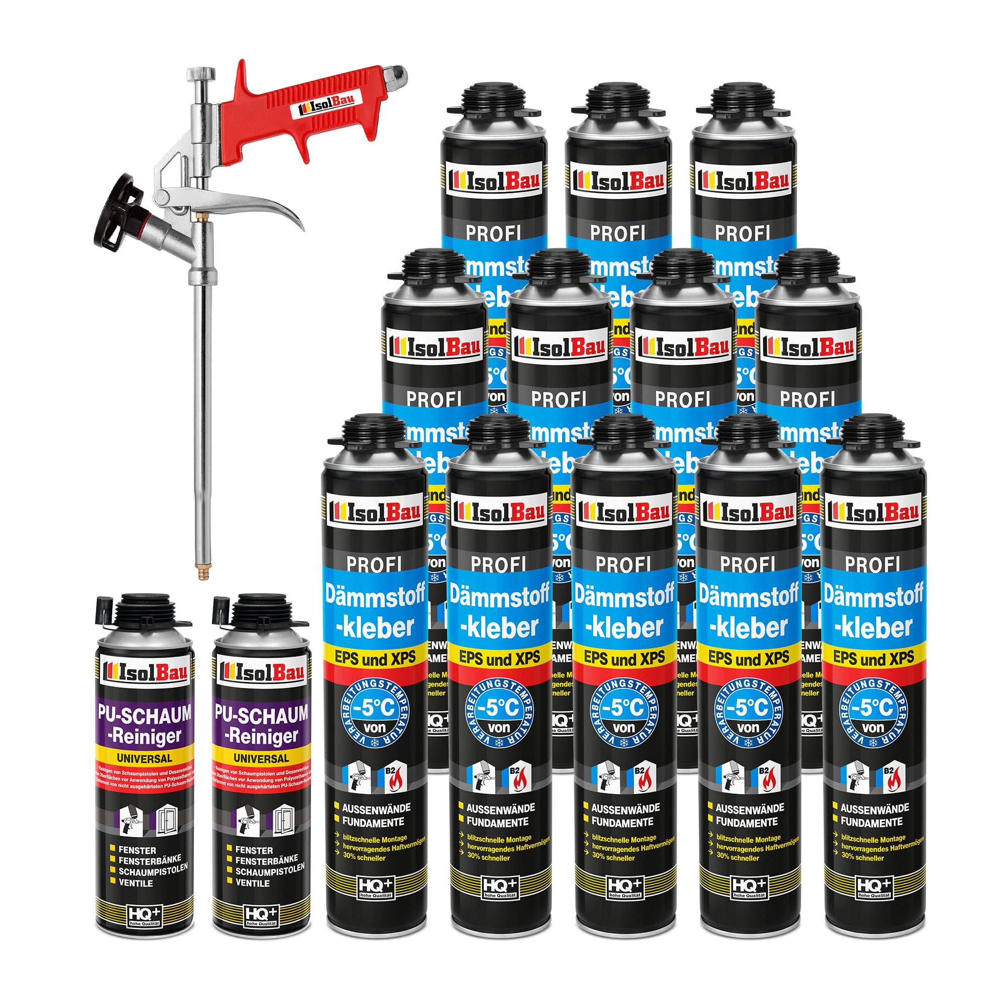 Isolbau B2 Dämmstoffkleber SET - 12 x 750 ml Perimeterkleber, 2 x PU-Schaum-Reiniger & 1x Schaumpistole für EPS & XPS-Platten - 1K PU-Klebeschaum für Dämmung und Isolieren