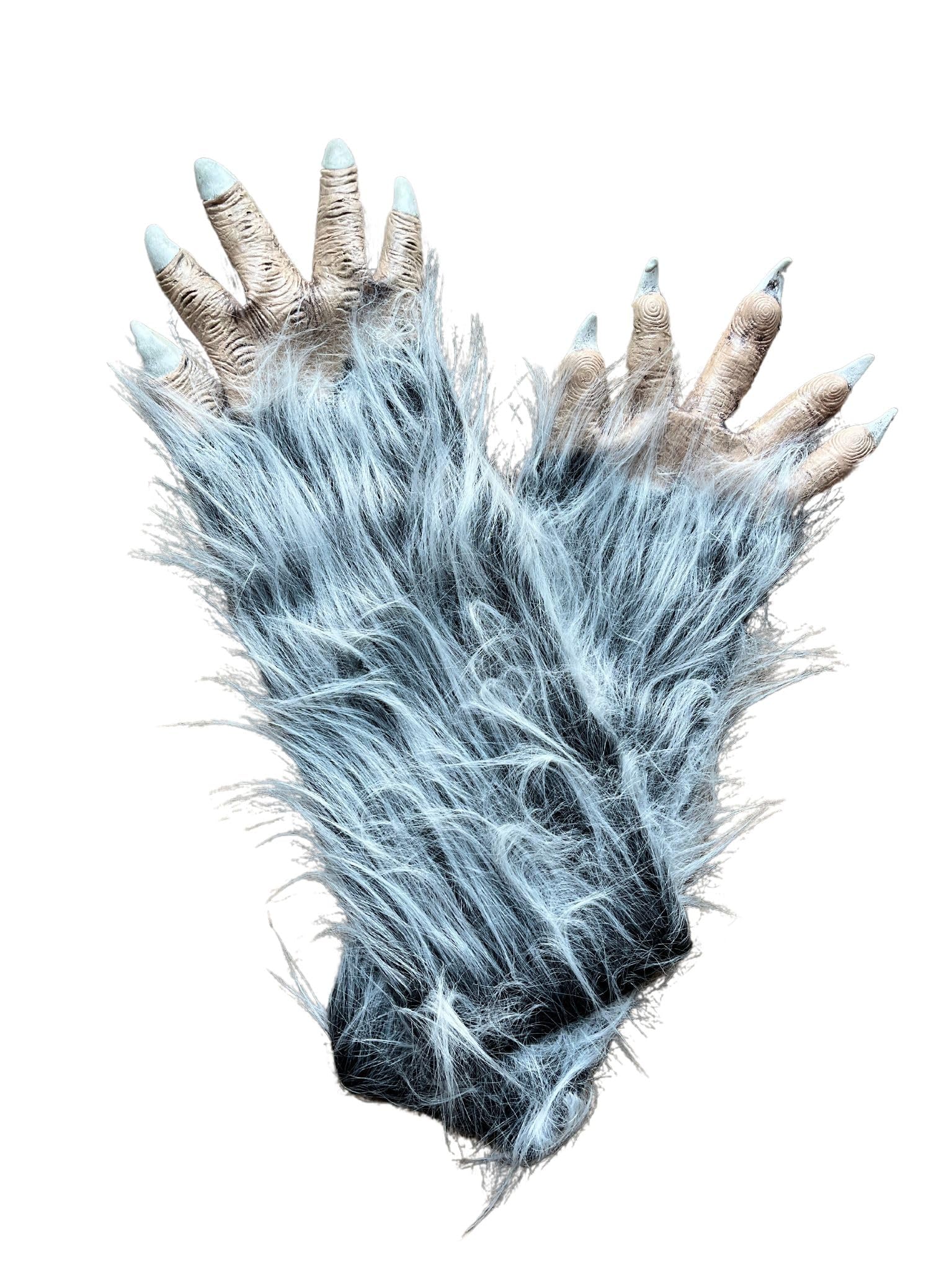 Mimikry Men's Black/Beige Gloves With Fur And Claws For Beast Demon Werewolf Krampus Claw Hand Claws Demon Monster Yeti, One Size