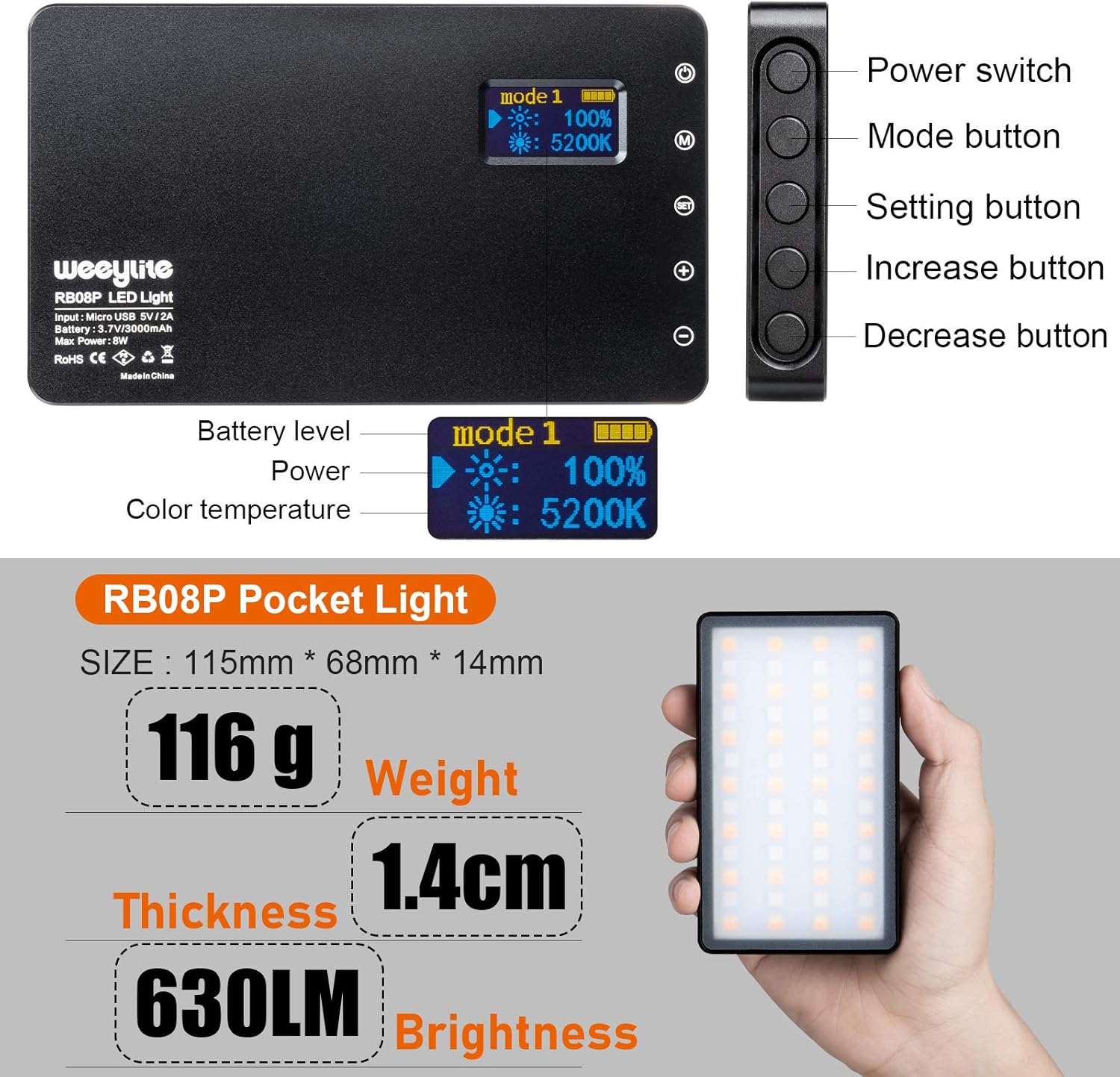 Graphic showing the compact size, weight, thickness, and brightness of the Weeylite RB08P.