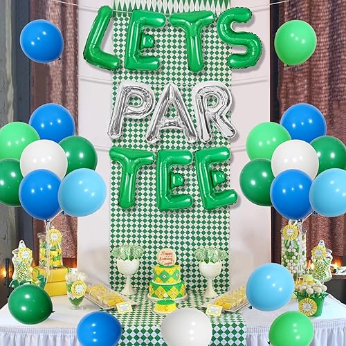 Miniatura 4 de JOYMEMO Decoraciones de fiesta de golf para niños y hombres, pancarta de globo de Let's ParTee azul y verde, globos de pelota de golf, decoración de
