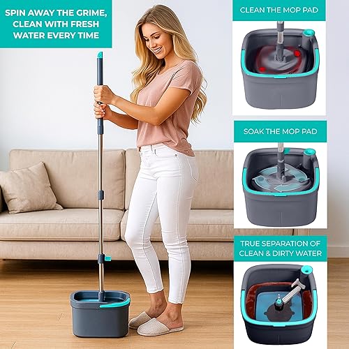 Miniatura 3 de True & Tidy True Clean - Sistema de trapeador giratorio y cubo, diseño de doble compartimento para agua limpia y sucia, cabezal giratorio de 360°