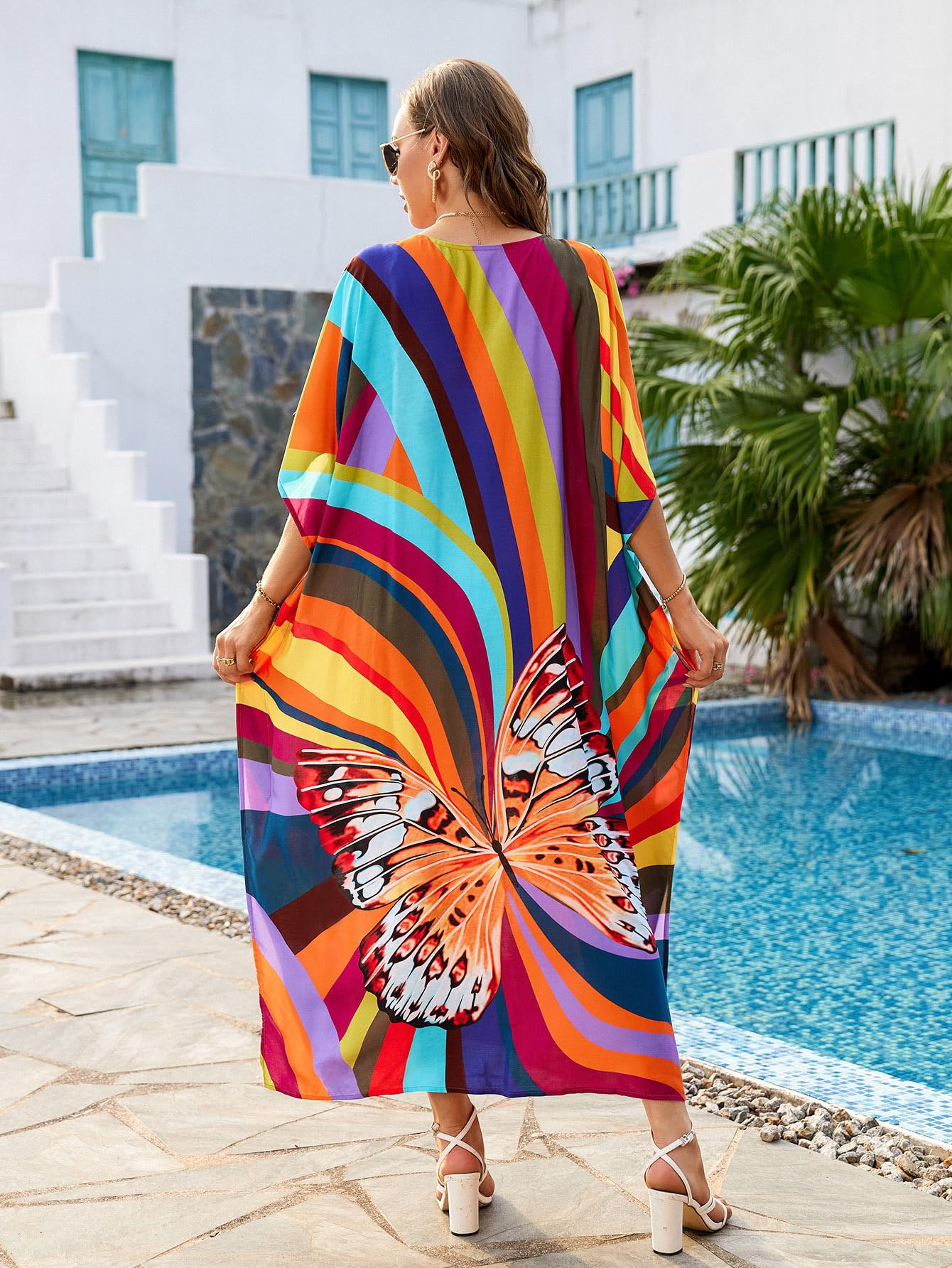 Strandkleid Women's Clothing Print Kaftan Dresses Long Caftans Bathing Suit Cover Up Casual Bikini Beach Dress Multicolor Strandkleider(DN1171 Yellow-Green)