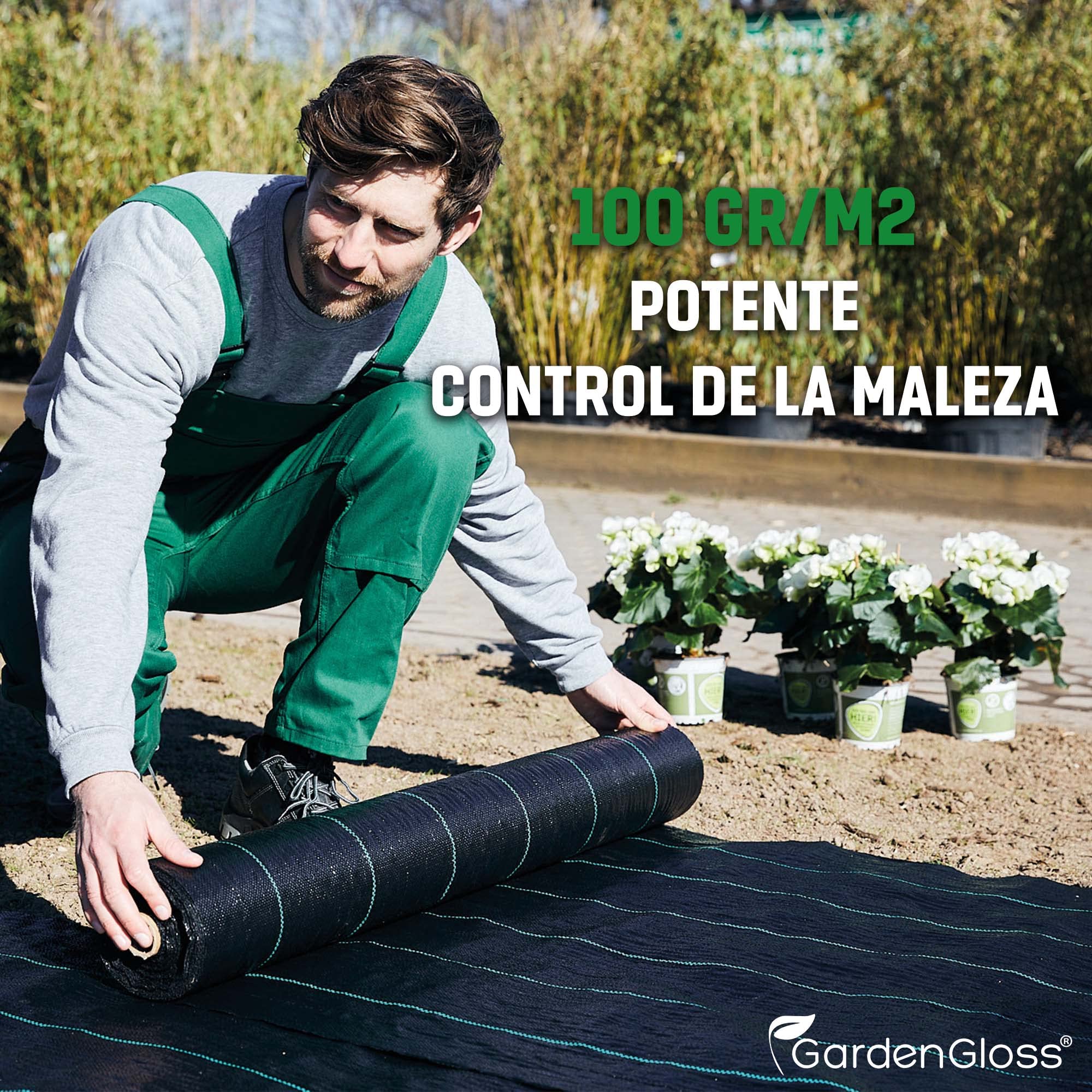 GardenGloss 50m² Malla Antihierbas 100g/m² - Permeable al Agua y Estable a los Rayos UV - Geotextil Resistente al desgarro para Jardín - Tela Antihierba contra Las Malas Hierbas (50m x 1m, 1 Rollo)