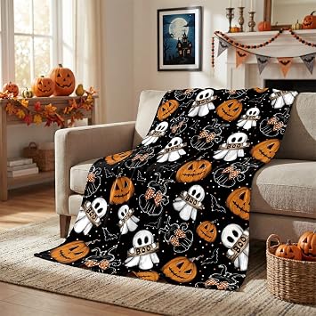 Horaldaily Halloween Flannel Blanket Throw, Jack-O-Lantern Ghost Cat Dots Soft Fuzzy Plush Cozy Fleece Blankets for Couch Sofa Bed Lounging, Ideal Gifts for Kids Adults Wife Self, 50x60