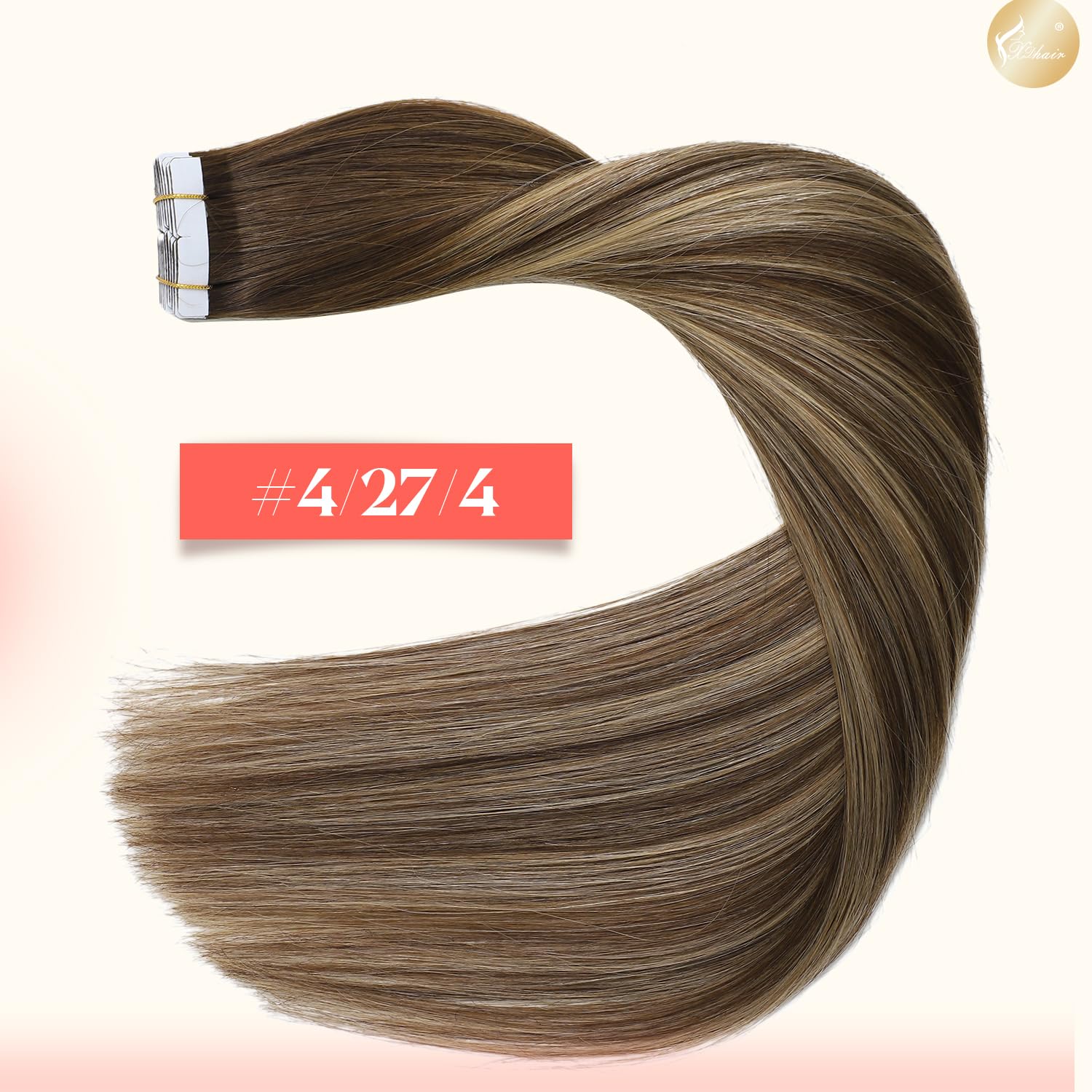 XDhair Extension Cheveux Naturel Adhesive,20pcs/50g Brun Chocolat à Blond Miel Extension Cheveux Naturel Adhésif Colored Remy Tape in Hair Extensions(#4/27/4-16)