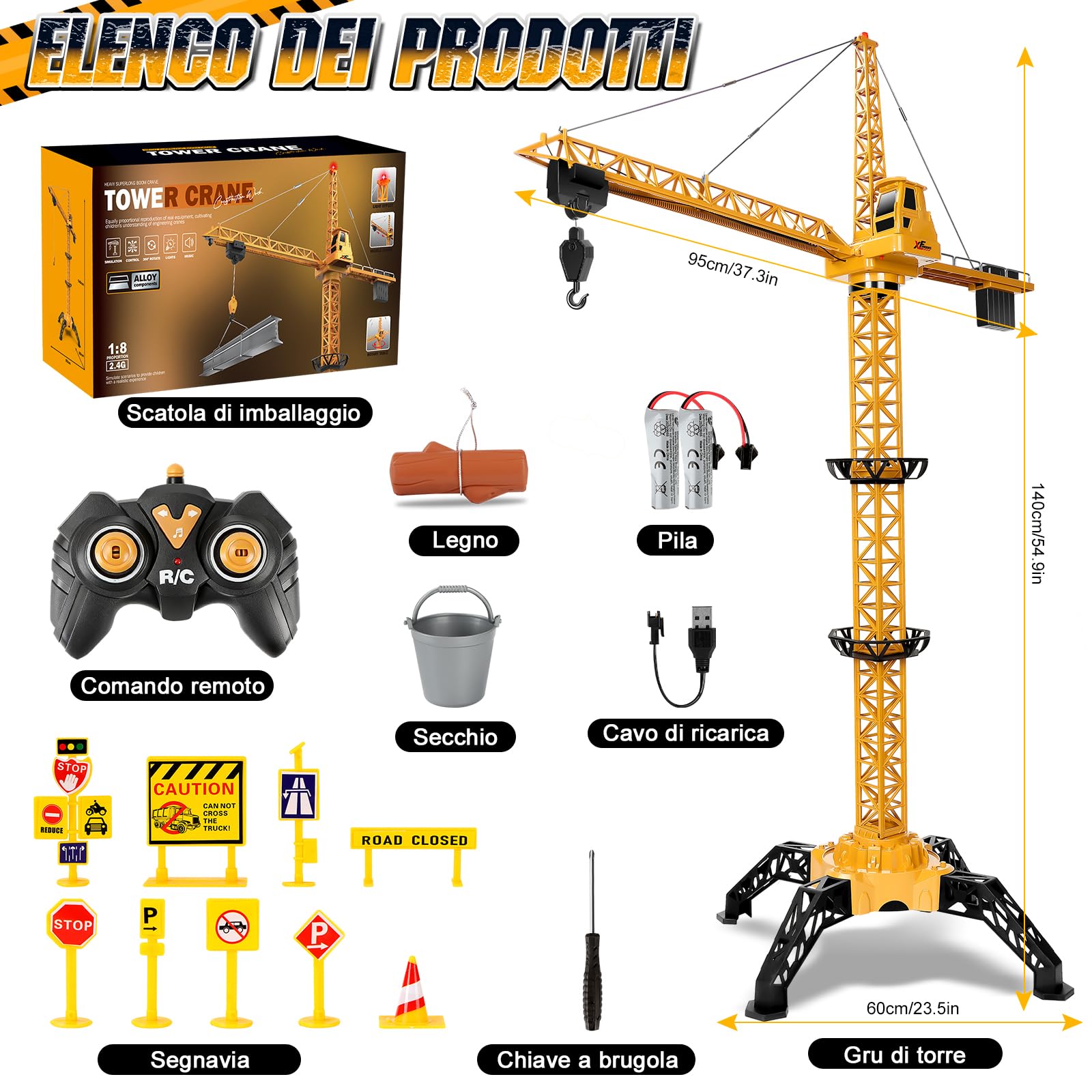 Herenear Gru Telecomandata Giocattolo per Bambini, Alta 140 cm RC Gru Giocattolo Rotazione a 360° Con Luci e Gancio Mobile, 2,4 Ghz Telecomandata Regalo per Ragazzi