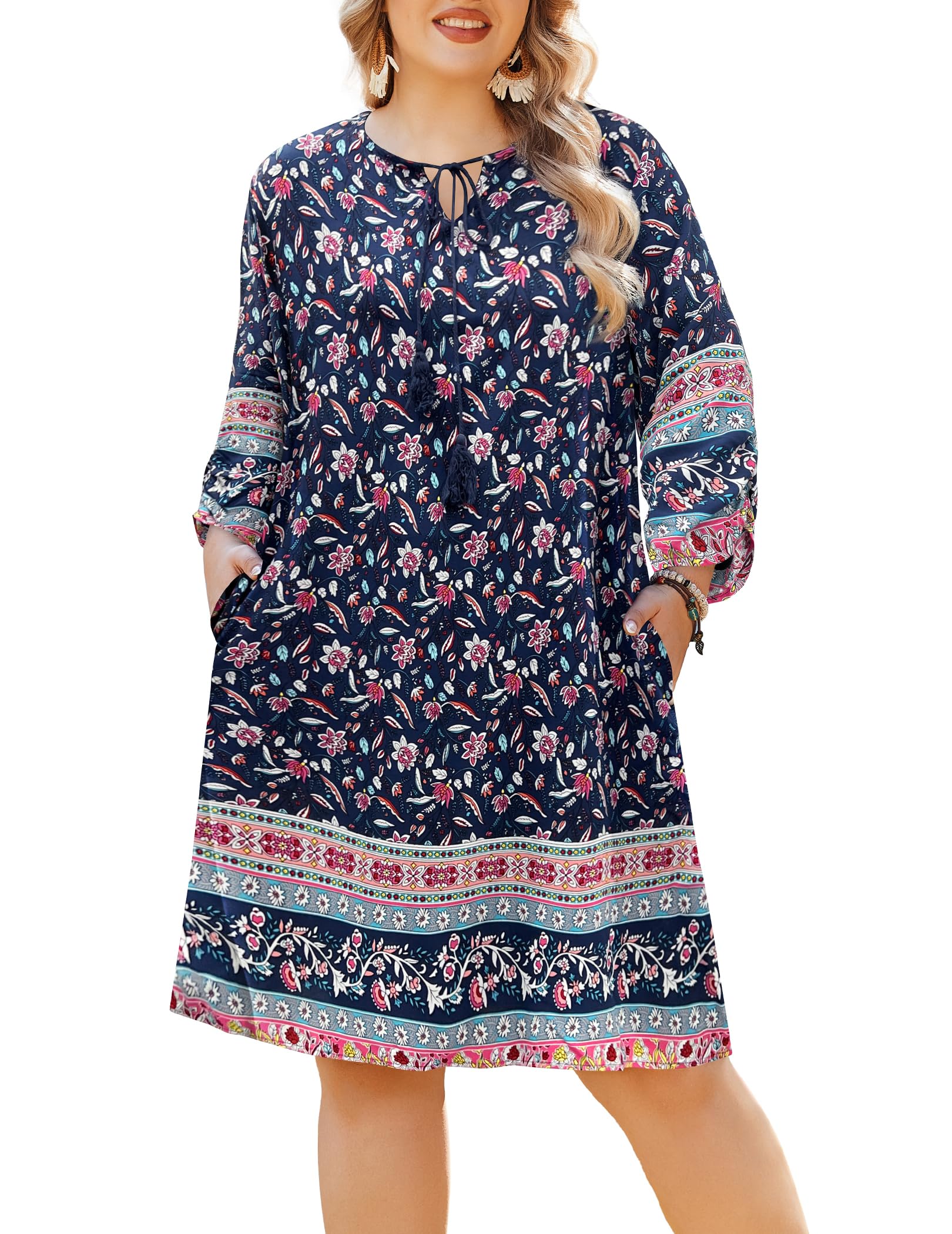 IN'VOLANDPlus Size Women Casual Beach Summer Dress Boho Tassel Tie Neck 3/4 Sleeve Short Floral Print Flowy Pockets Dresses