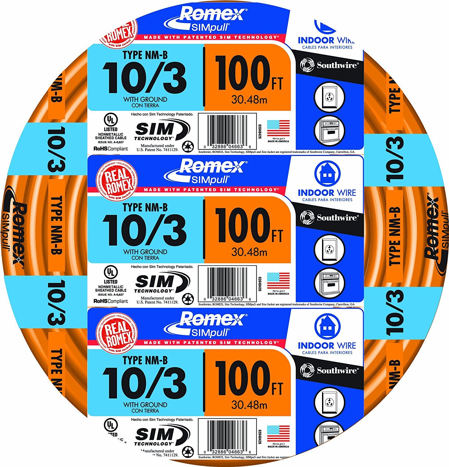 Romex Brand Simpull Solid Indoor 10/3 W/G NMB Cable 100ft Coil, Orange SW# 28828228