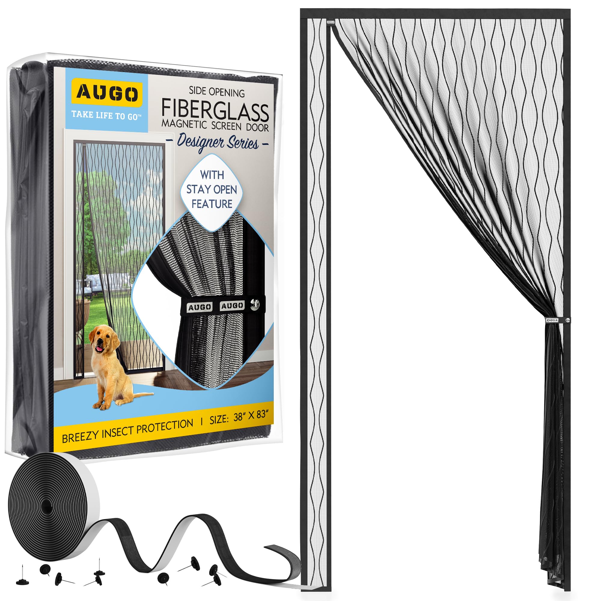 AUGO Fiberglass Magnetic Screen Door Reversible Left Right Side Opening - Self Sealing, Heavy Duty, Hands Free, Keeps Bugs Out - Pet and Kid Friendly - Patent Pending Keep Open Feature – 38” x 83”