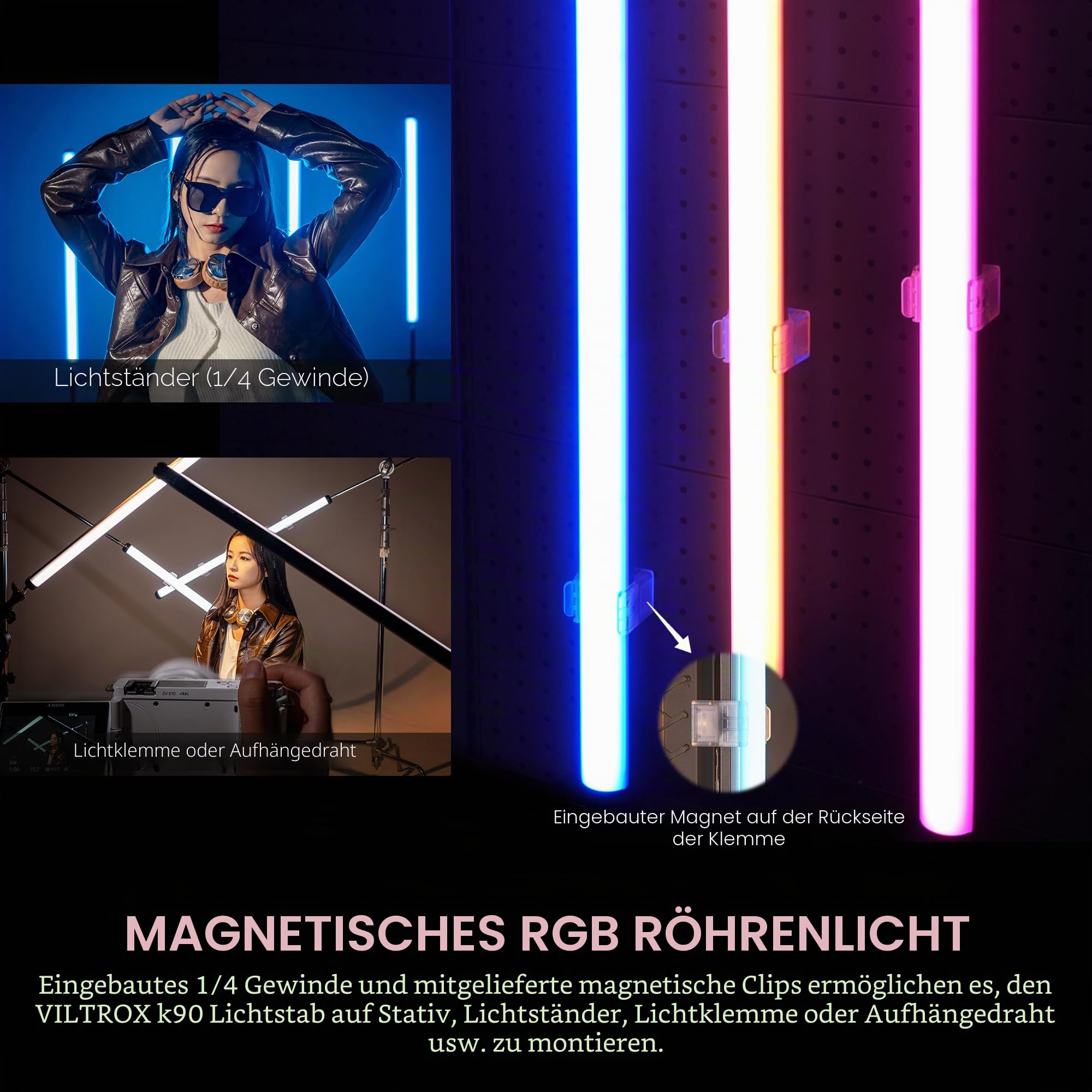 VILTROX K90 2er Pack RGB Leuchtstoffröhre, 30W 38" großer RGBWY-LED-Video-Stick-Lichtstab für Fotografie mit APP/2,4 G/Fernbedienung, CRI 97+, 26 Szenen, 2500K-8500K, 14,8V/3300mAh Akku, Magnetchip