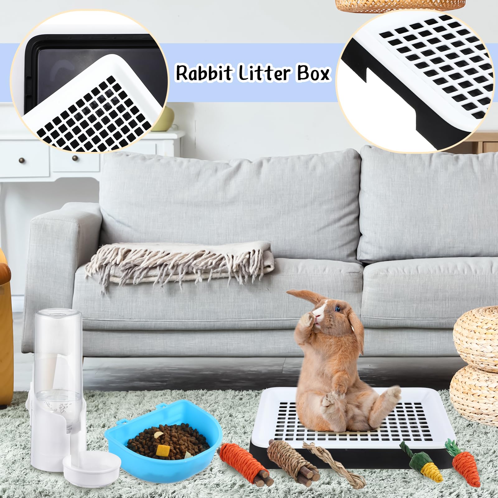 19 Pcs Rabbit Starter Kit Small Bunny Litter Box Rabbit Grooming Kit Water Bottle Bunny Toys Hay Feeder Bowl Blankets with Cleaning Set for Guinea Pig Accessories(Black,Cloud) - image 6