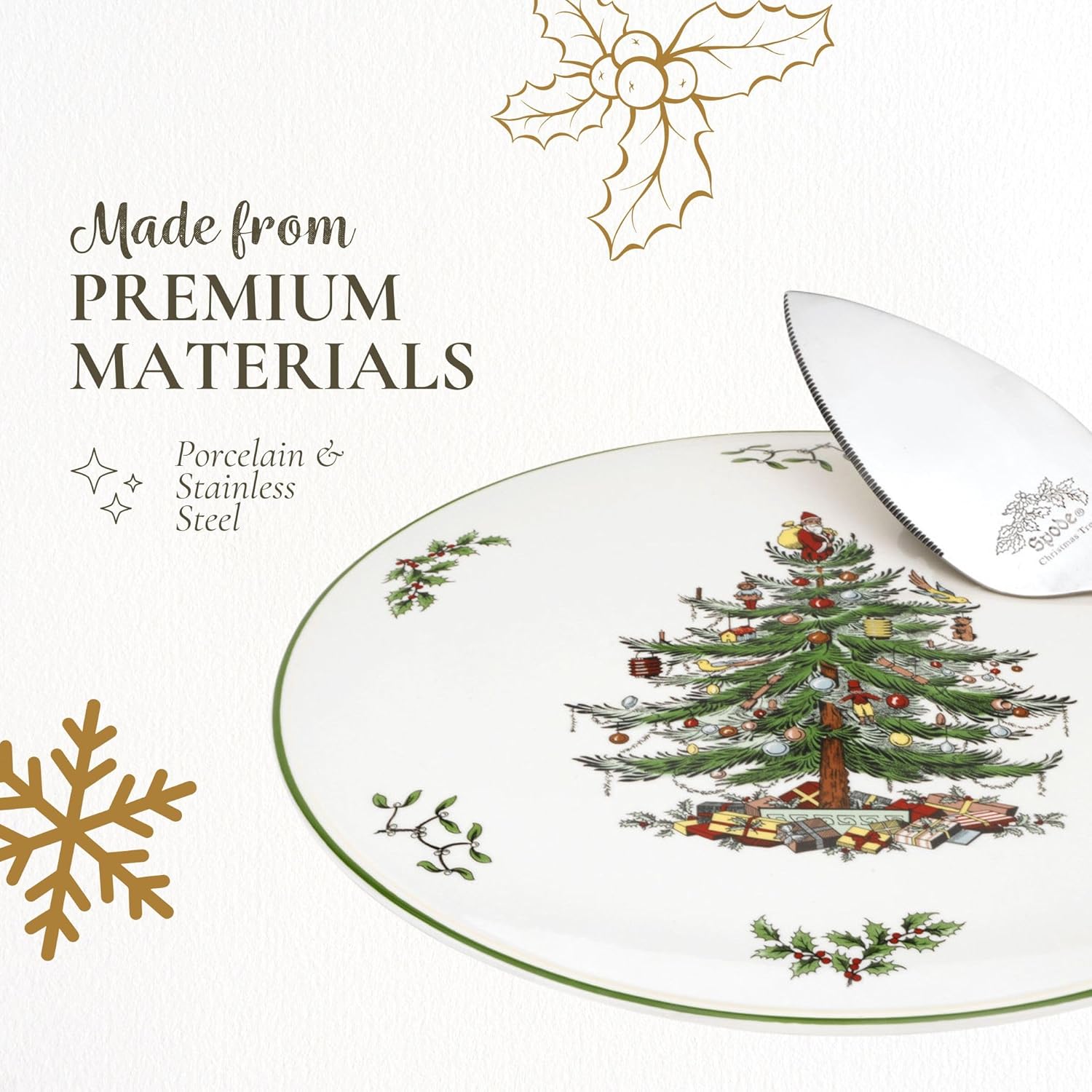 Spode Christmas Tree Cake Plate & Server Set - 11.5 Inch Fine Porcelain Cake Plate with Stainless Steel Server for Holiday Parties - Festive Christmas Tableware, Seasonal Dinnerware