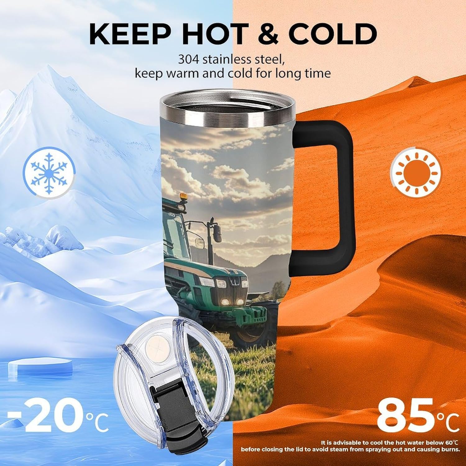 Tractor Agriculture Tranquil Travel Coffee Mug Reusable Durable Stainless Steel Insulated Tumbler with Handle And Straw Leak Resistant Portable Thermal Cup Gifts for Men Women 40 Oz
