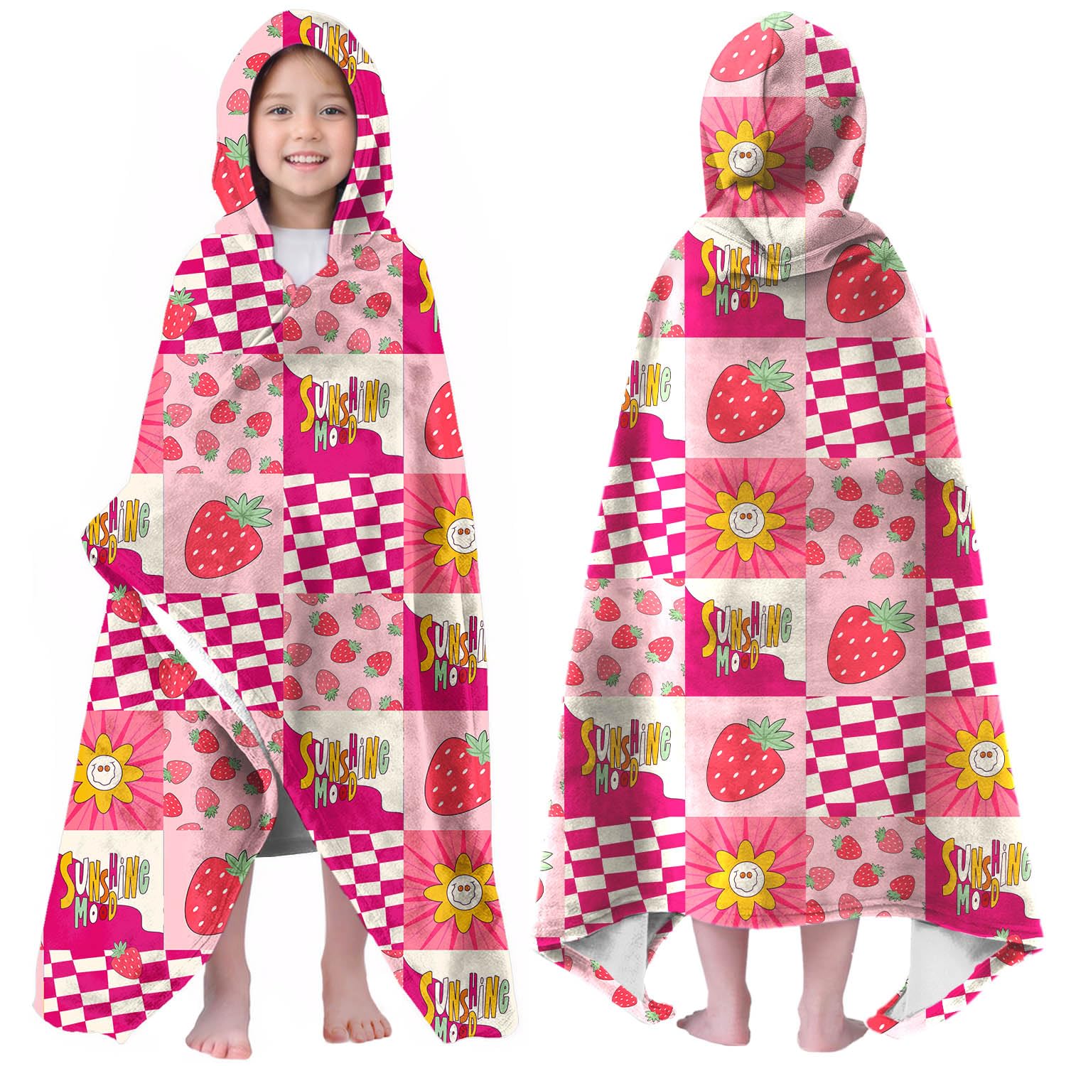 Fruits Girls Beach Towel with Hoodie for Kids Toddlers Age 4-8, Pink Yellow Bath Towels Shower Wrap for Girls, Hooded Poncho Beach Blanket for Pool Swimming Cute Wearable Bath Towel for Child