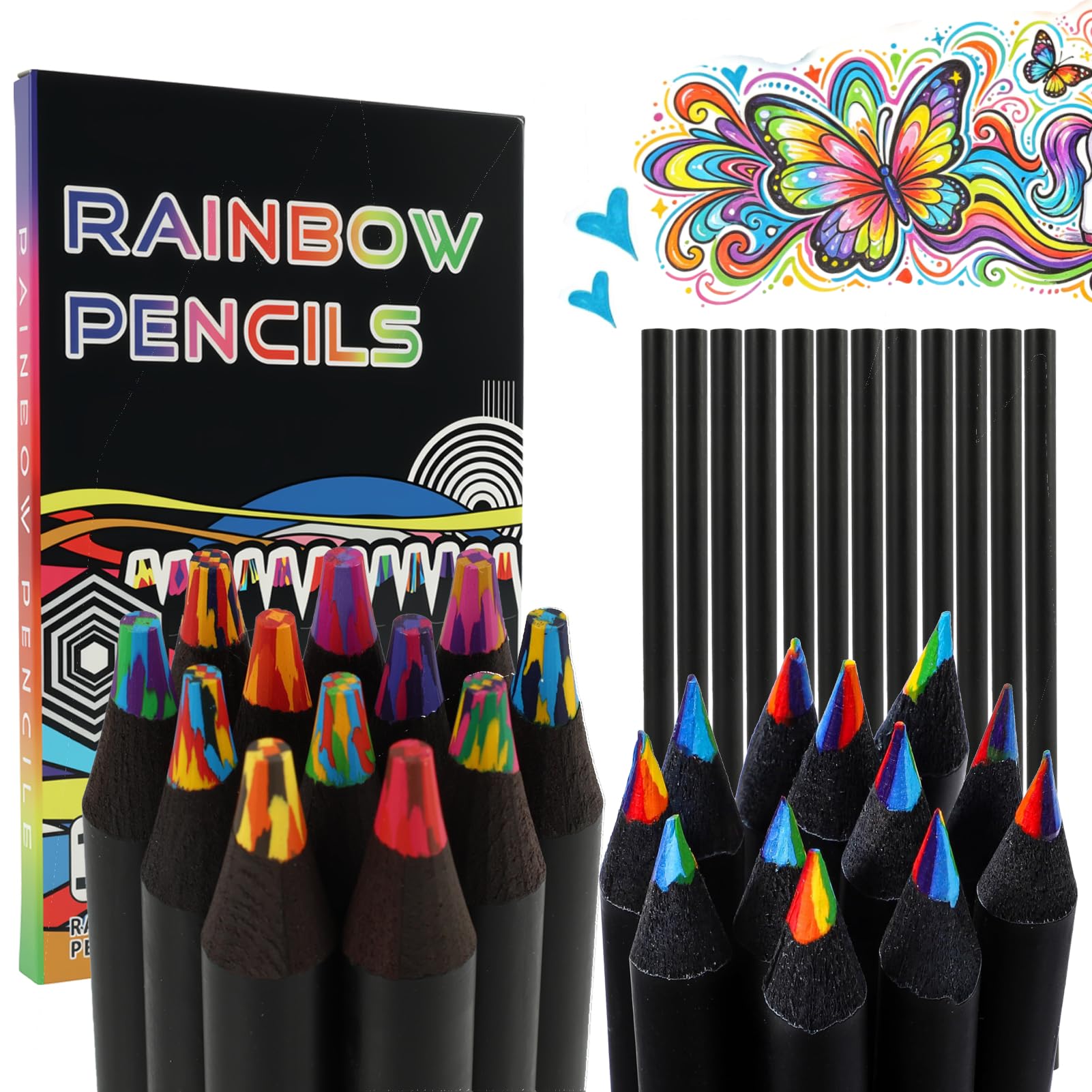 24 Pcs Rainbow Colouring Pencils, 7 Color in 1 Coloured Pencils with 12 Spare Unsharpened Pencils, Art Supplies Drawing Colored Pencils for Sketching Colouring Crafts Supplies to Birthday Gift