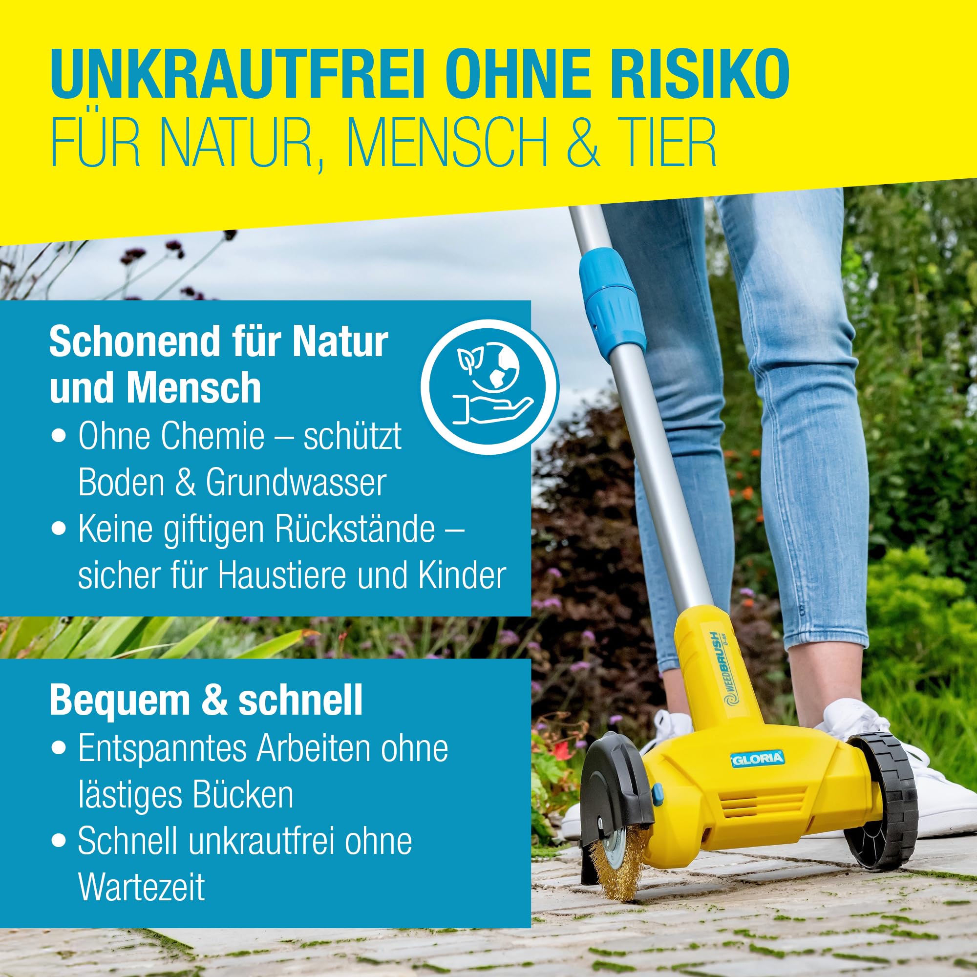 GLORIA Fugenbürste WeedBrush | Elektrischer Unkrautvernichter & Fugenreiniger | Fugenkratzer für Pflasterfugen, Terrassenplatten & Wege | Kabelgebundene Unkrautbürste 230V inkl. Stahldraht-Bürste