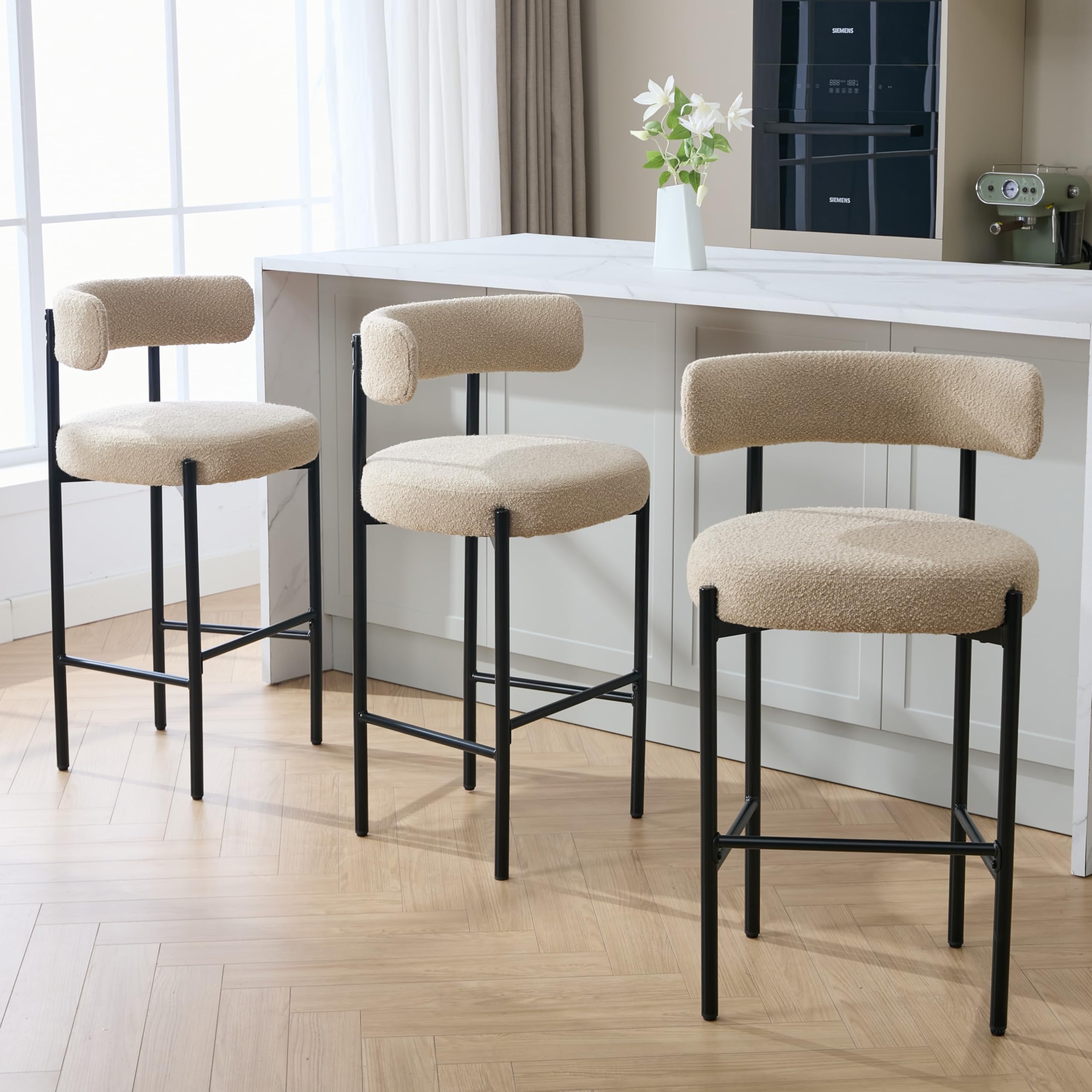 Forsalund Bar Height Stools, 28'' Beige Bar Stools Set of 3, Boucle Tall Barstools with Back, Mid-Century Modern Bar Chairs for Kitchen Island, Dining