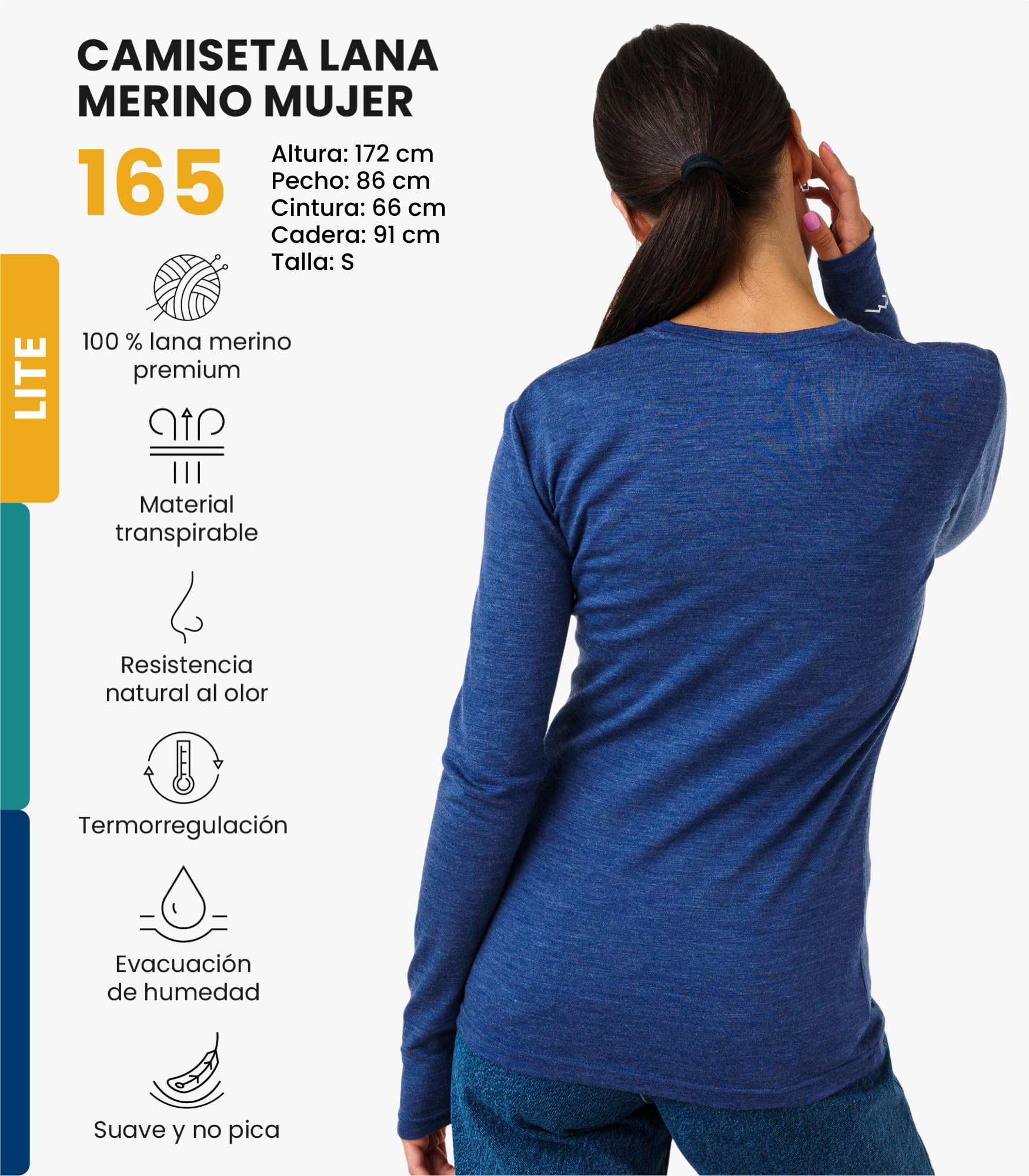 Merino.tech Camiseta Termica Lana Merino Mujer - Ropa Térmica + Calcetines (Medium, 165 Windsor Blue)