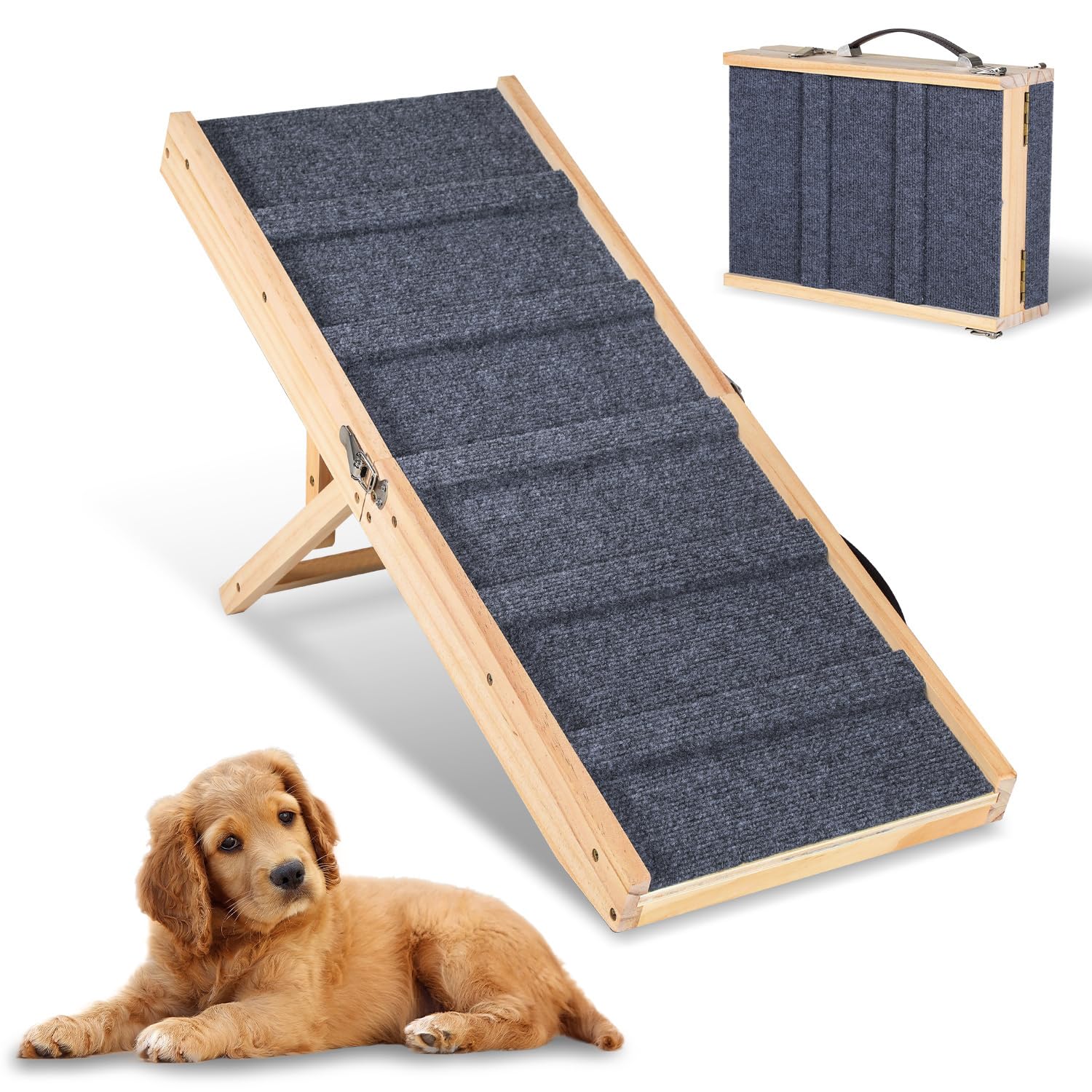 Hunderampe Klappbar Kiefernholz für Kleine, Hunde Haustierrampe mit Rutschfestem Teppich, Vielseitige, Tragbare, Verstellbarer Haustierrampe für Couch, Hochbett, Autos