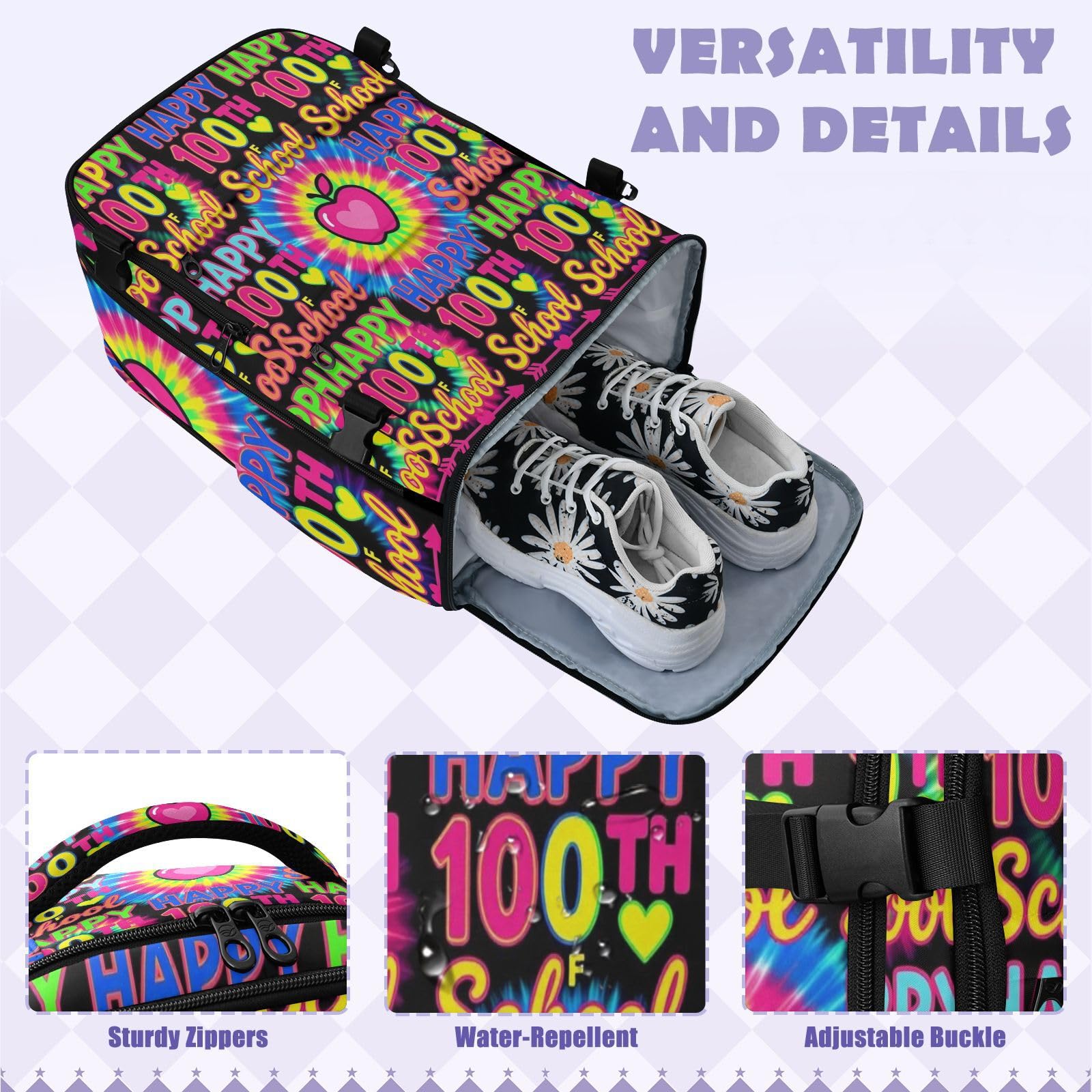 Plecak roboczy dla kobiet 15-calowa torba na laptopa do samolotów 20 l | Wodoodporna lekka podróżna torba na laptopa Tie Dye Happy 100th Day Of School torba na laptopa 16 cali dla kobiet podróż