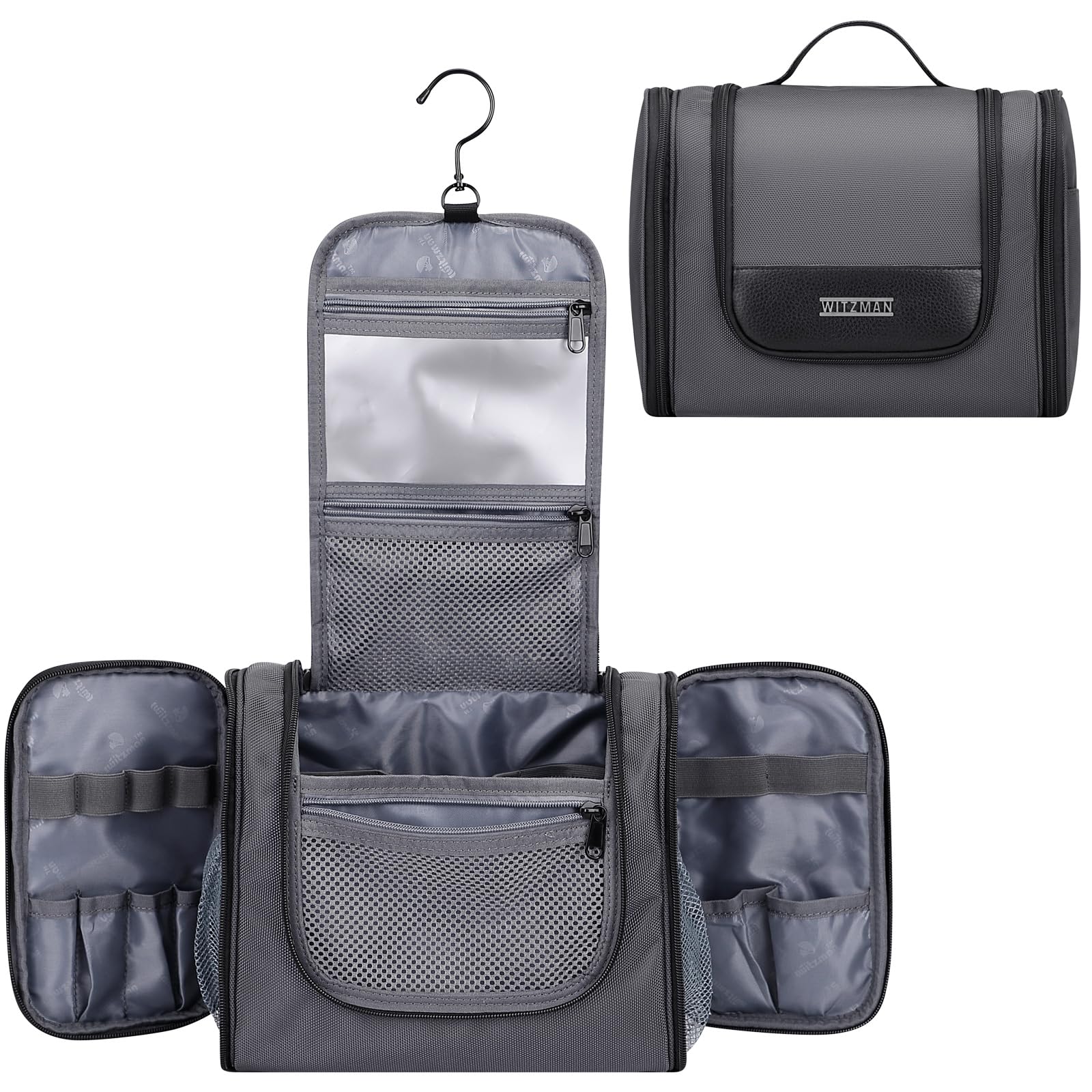 WITZMAN Toiletry Bag for Men Women Large Hanging Multi-organization Bathroom Bag Water-resistant Dopp Kit Shaving Bag Men(B690 Silvery Grey)